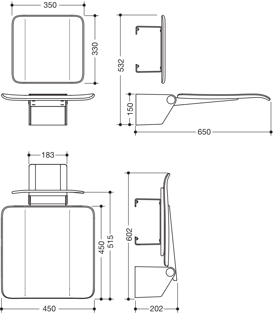 Klappsitz des Systems 900, Wandkonsole aus Edelstahl, PVD, Sitzfläche und Rückenlehne aus strukturiertem Kunststoff, schwarz, Sitzfläche 450 mm breit, 450 mm tief, in Farbe CK (messing glänzend)