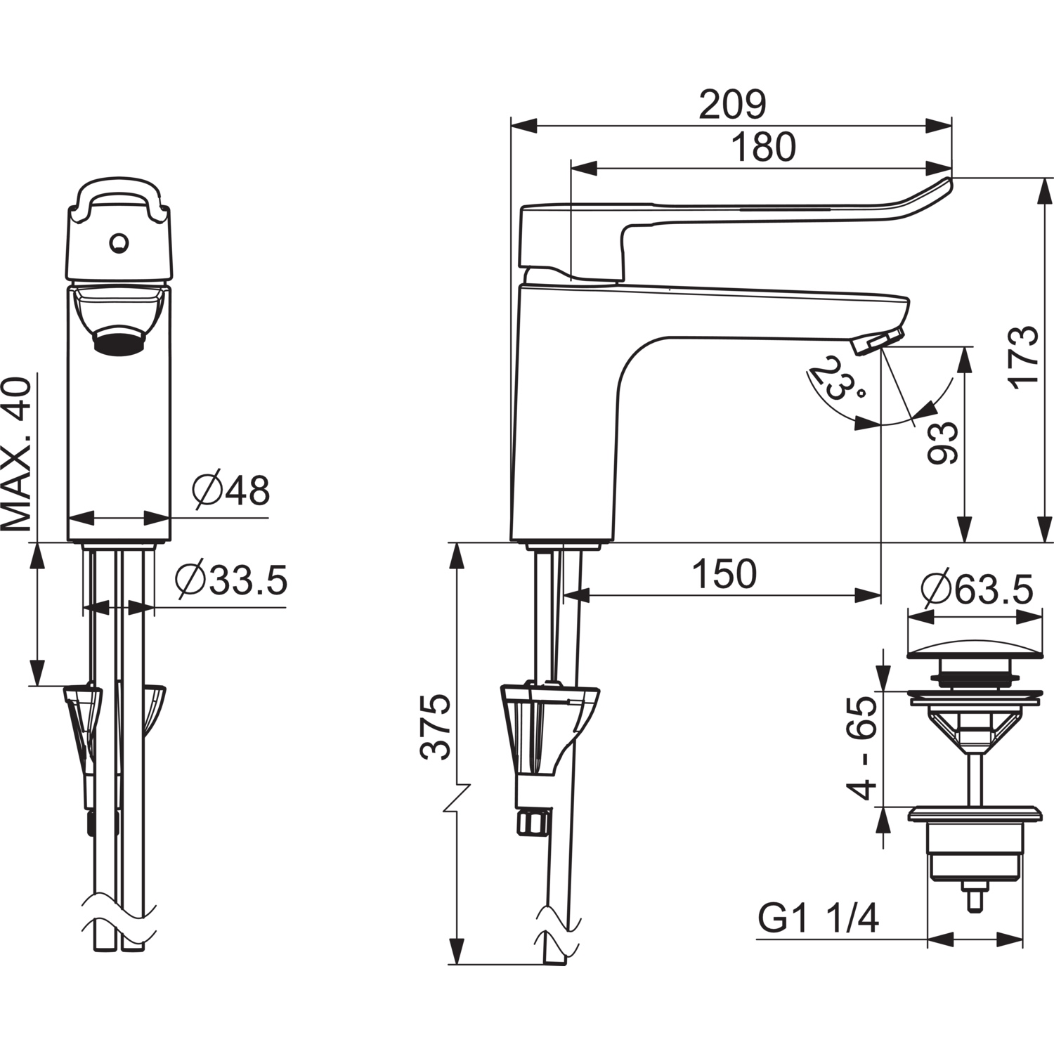 EHM Waschtischbatterie CLINICA 4522 Anschluss über Kupferrohre Bügelhebel Bedienungshebel lang Ausladung 150 mm DN15 Chrom