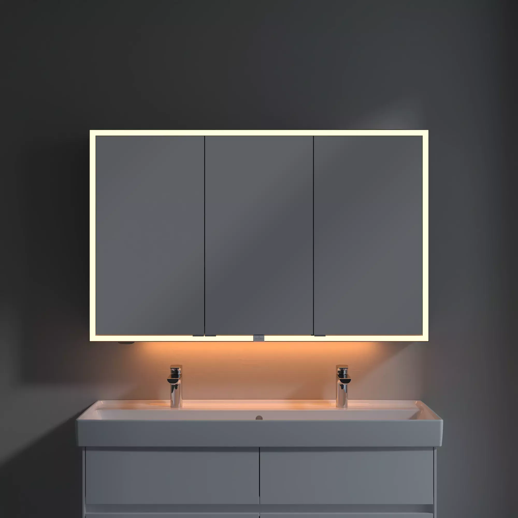 Villeroy & Boch Set-Möbelset aus Spiegelschrank, Doppelwaschtisch, Unterschrank und Hochschrank in Cashmere Grey