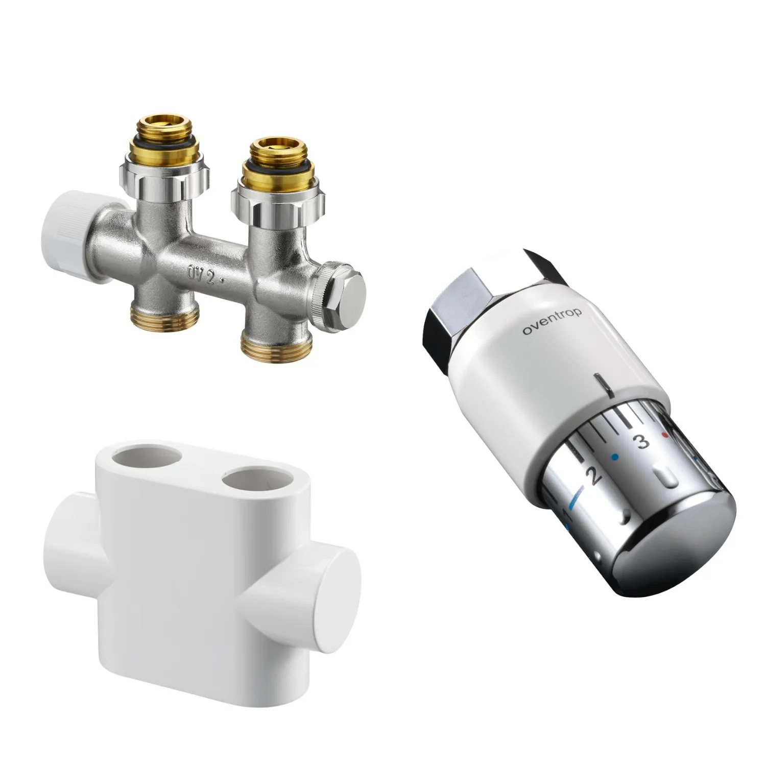 Design in Bad Anschlussgarnitur inkl. Thermostat für Heizkörper mit 50 mm Anschluss Durchgangsform „Multiblock T“ in weiß Farbe: Weiß Design in Bad Anschlussgarnitur inkl. Thermostat für Heizkörper mit 50 mm Anschluss Durchgangsform „Multiblock T“ in weiß Farbe: Weiß