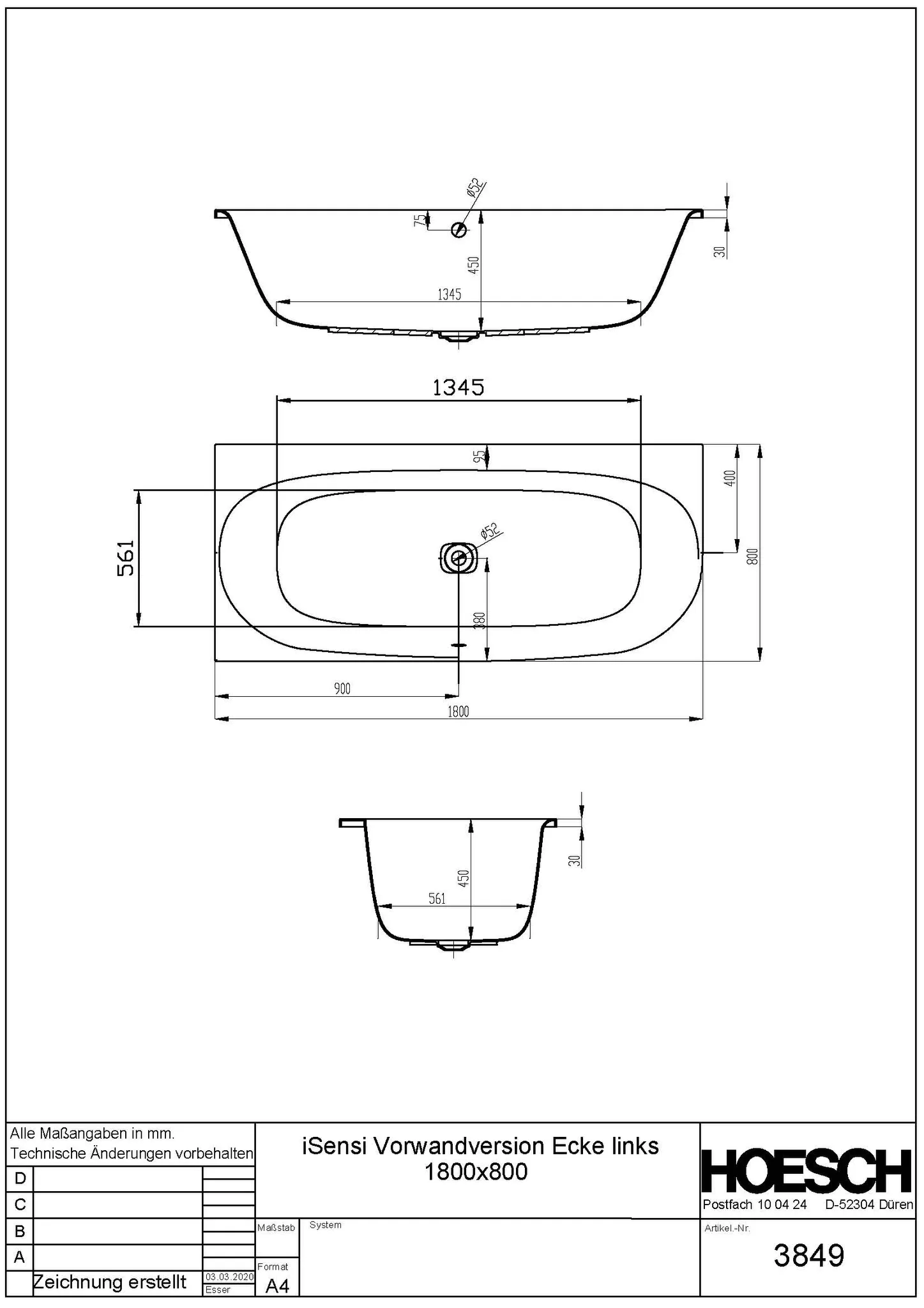 Hoesch Badewanne „iSensi“ eck, asymmetrisch 180 × 80 cm, links in Weiß