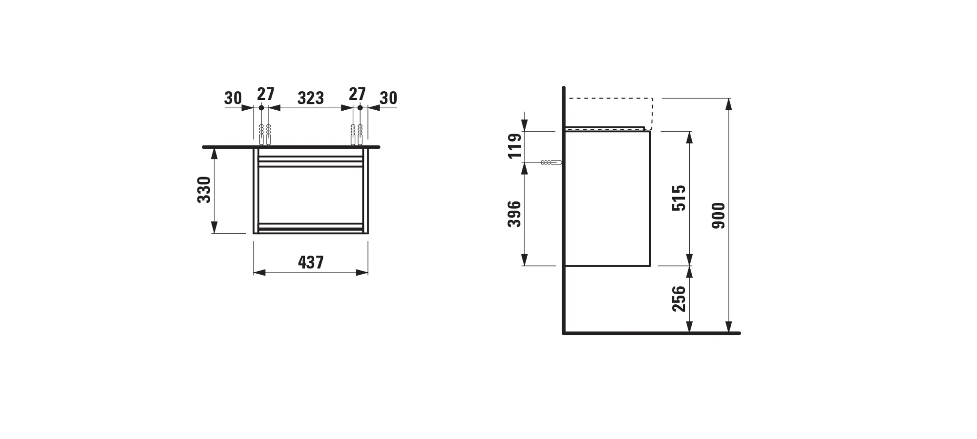 Waschtischunterbau LANI 330x437x515 1 Tür Scharnier rechts integrierte Griffleiste und Soft-Close 1 Glasablage (fix) für Waschtisch Kartell • H815330 weiß matt