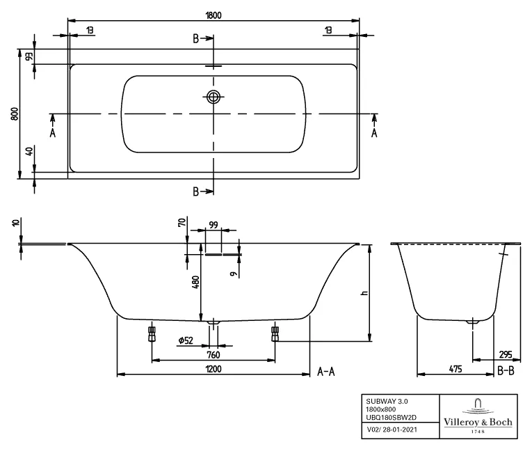 Villeroy & Boch Whirlwanne „Subway 3.0“ mit Whirlsystem „Special Combipool Active“ rechteck 180 × 80 cm