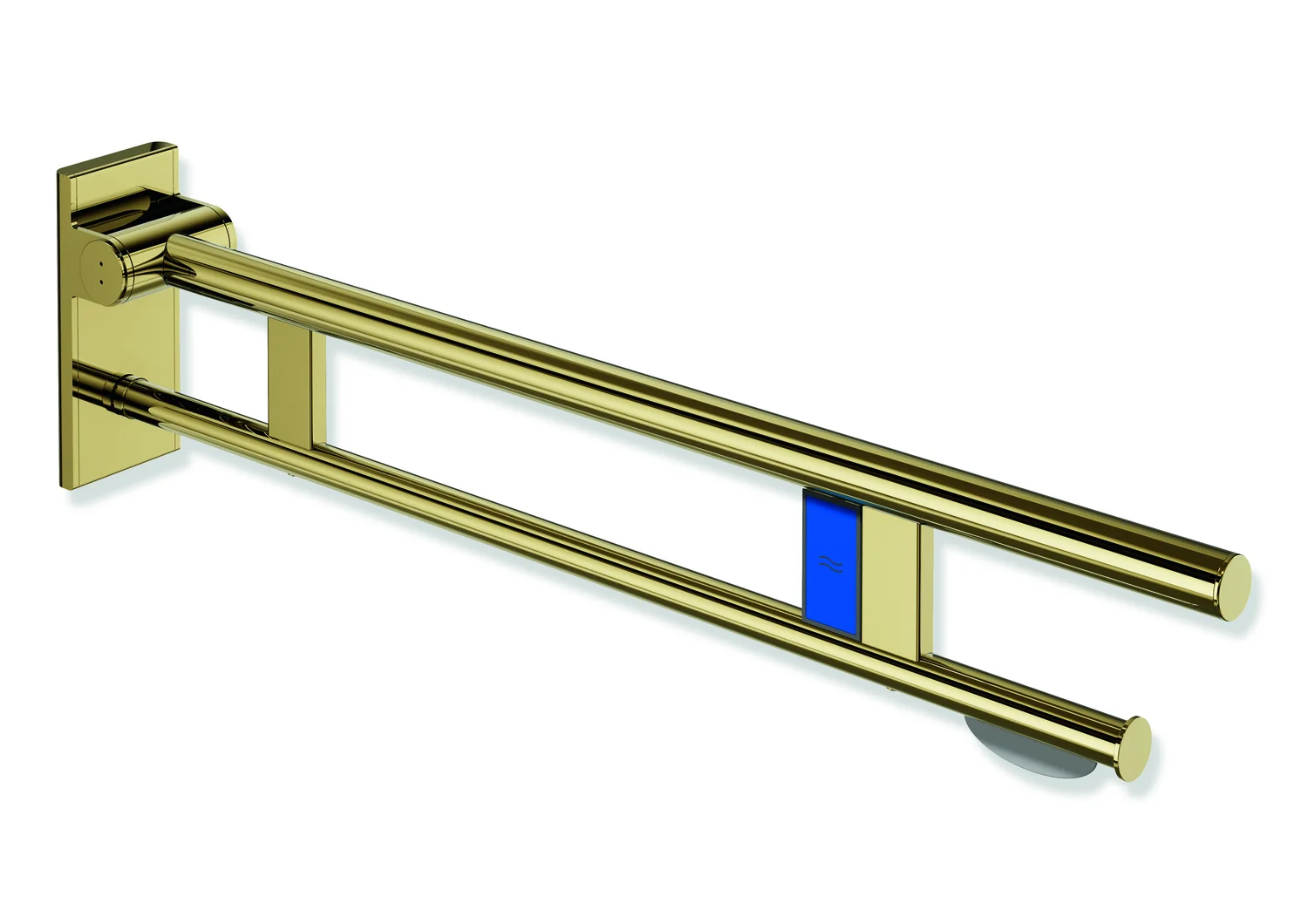 HEWI System 900 - Mobiler Stützklappgriff Duo, Edelstahl PVD gold glänzend, Ausladung 850 mm, mit WC-Papierhalter und Funk-Spülauslösung, links HEWI System 900 - Mobiler Stützklappgriff Duo, Edelstahl PVD gold glänzend, Ausladung 850 mm, mit WC-Papierhalter und Funk-Spülauslösung, links