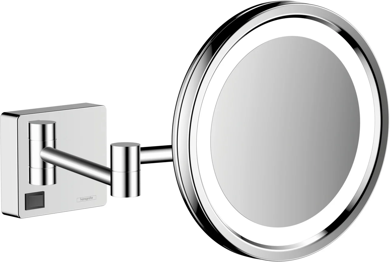Hansgrohe AddStoris Rasierspiegel mit LED-Licht, Chrom, neigbar und schwenkbar, 3-fach Vergrößerung, Wandmontage