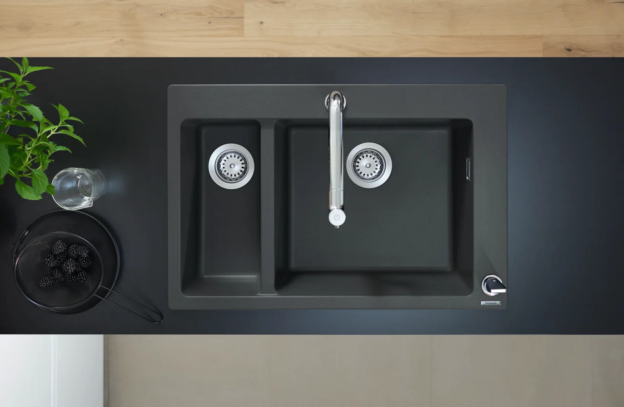 Hansgrohe Einbauspüle S51 Serie, Graphitschwarz, 750 x 490 mm Ausschnitt, Aufbau, 80 cm Unterschrank, 1 Hauptbecken + 1 Zusatzbecken