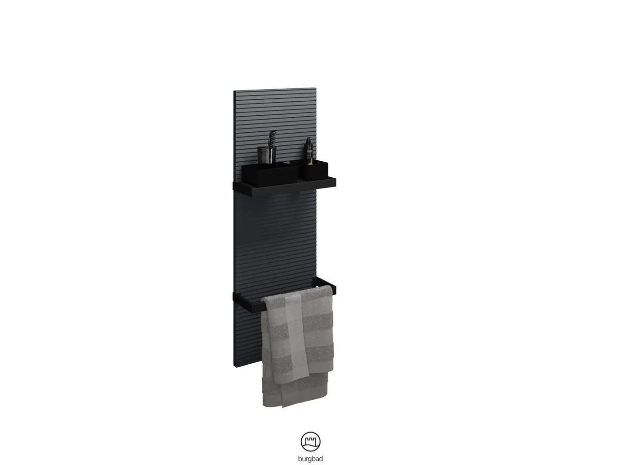 Wandpaneel, Wandpaneel mit Plisséestruktur in Frontfarbe;2 Handtuchhalter, Metall Schwarz;2 Kunststoffboxen, Schwarz, Tiefe: 150 mm, Breite: 350 mm, Höhe: 1000 mm