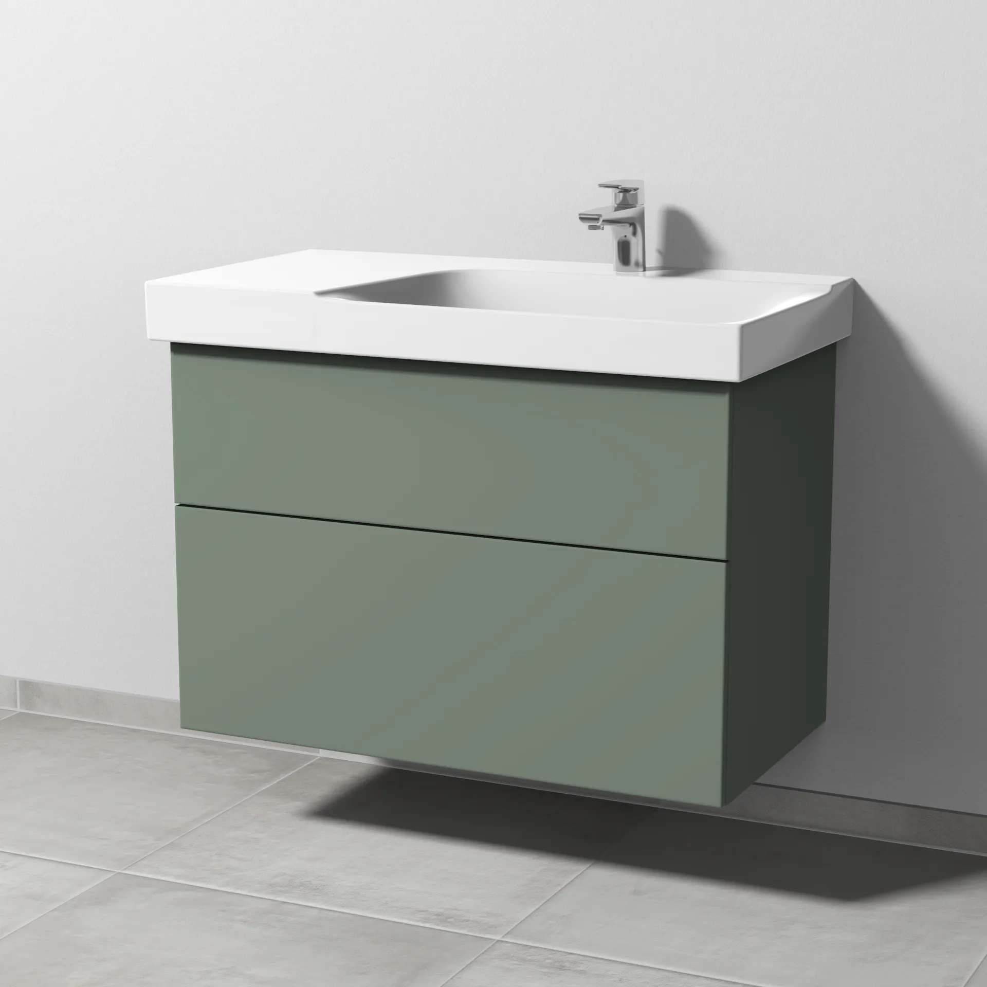 Sanipa Waschtischunterschrank „3way“ passend zu Keramik-Waschtische Xeno2 von Geberit 850 × 593 × 452 mm in Soft-Green, Becken rechts