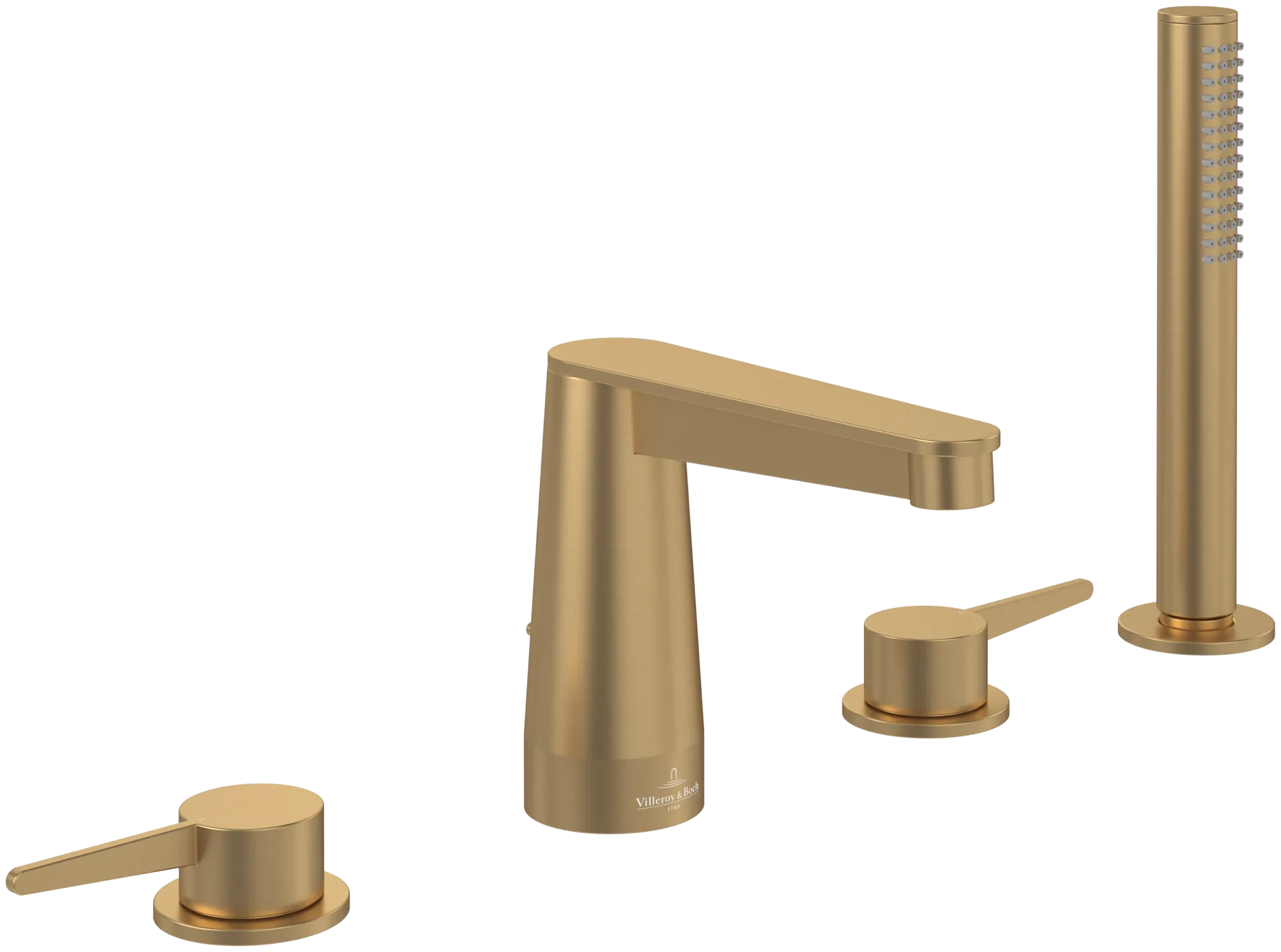 Villeroy & Boch Conum Vierloch-Badewannenrandarmatur, Brushed Gold, 455x165x124 mm, Höhe 124 mm, inkl. Schlauch und Handbrause Villeroy & Boch Conum Vierloch-Badewannenrandarmatur, Brushed Gold, 455x165x124 mm, Höhe 124 mm, inkl. Schlauch und Handbrause
