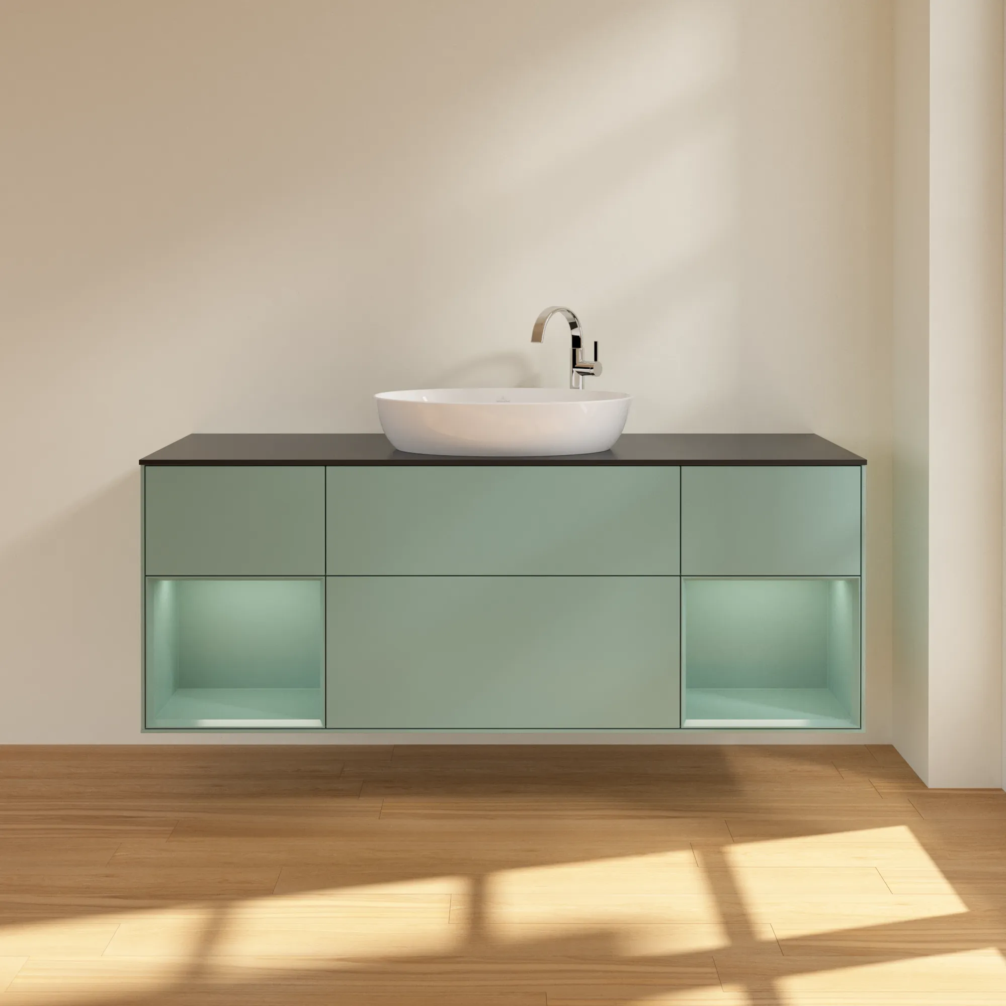 Villeroy & Boch Waschtischunterschrank „Finion“ für Schrankwaschtisch 1600 × 603 × 501 mm Olive Matt Lacquer, für Becken mittig, mit Hahnlochbohrung