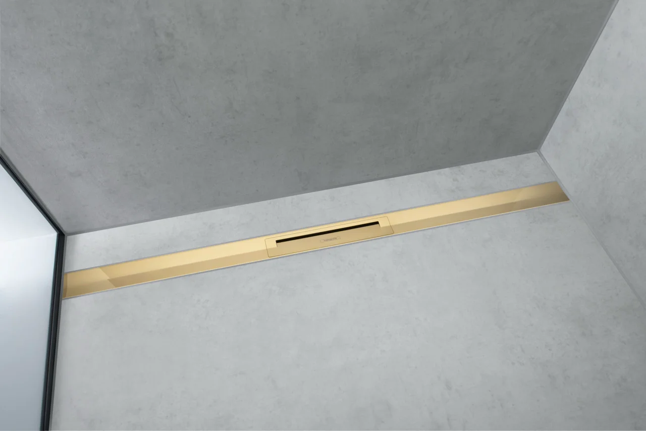 Hansgrohe RainDrain Flex Duschrinne 1000 mm, Polished Gold Optic, höhenverstellbar, zweiseitig montierbar, bis zu 60 l/min Ablaufleistung