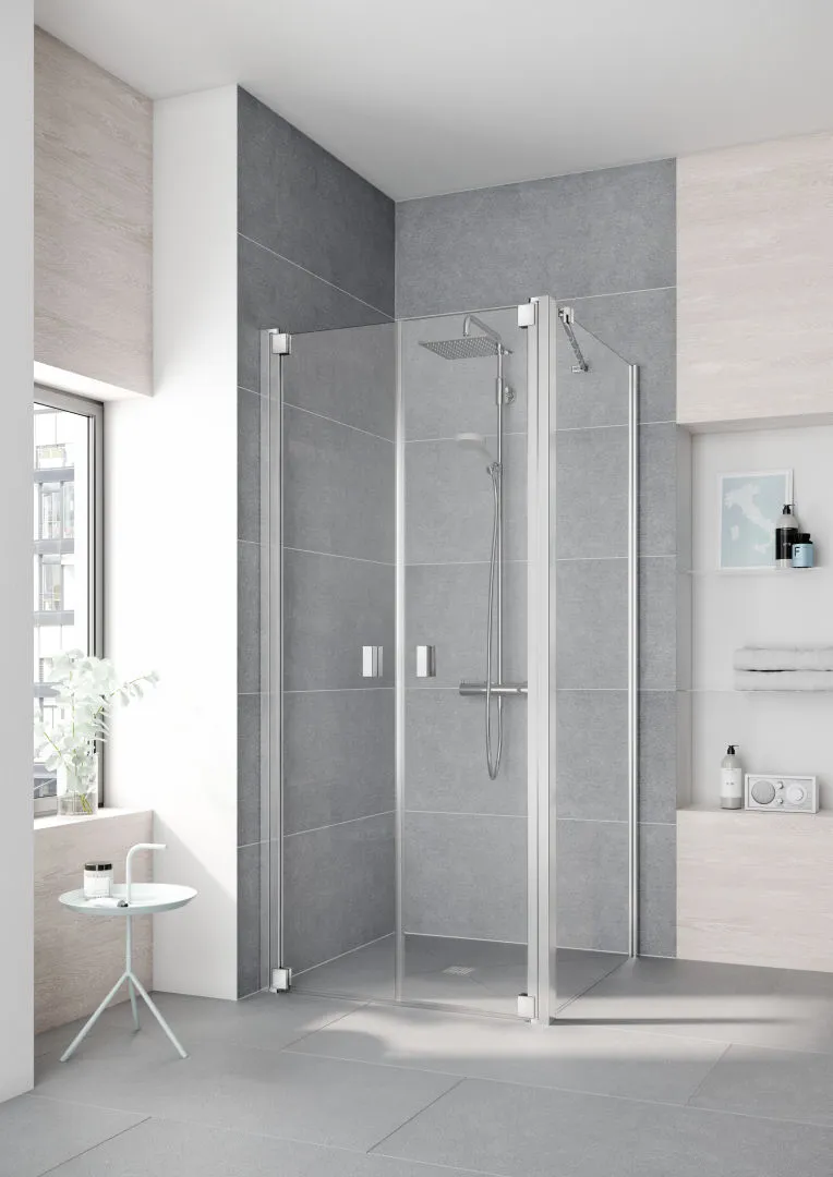 Kermi Pendeltür für Nische und Ecke „RAYA“ Glas Klar, Profile Silber Mattglanz, BV: 893 - 953 mm GAK: 880 - 930 mm WE: 893 - 953 mm H: 2000 mm