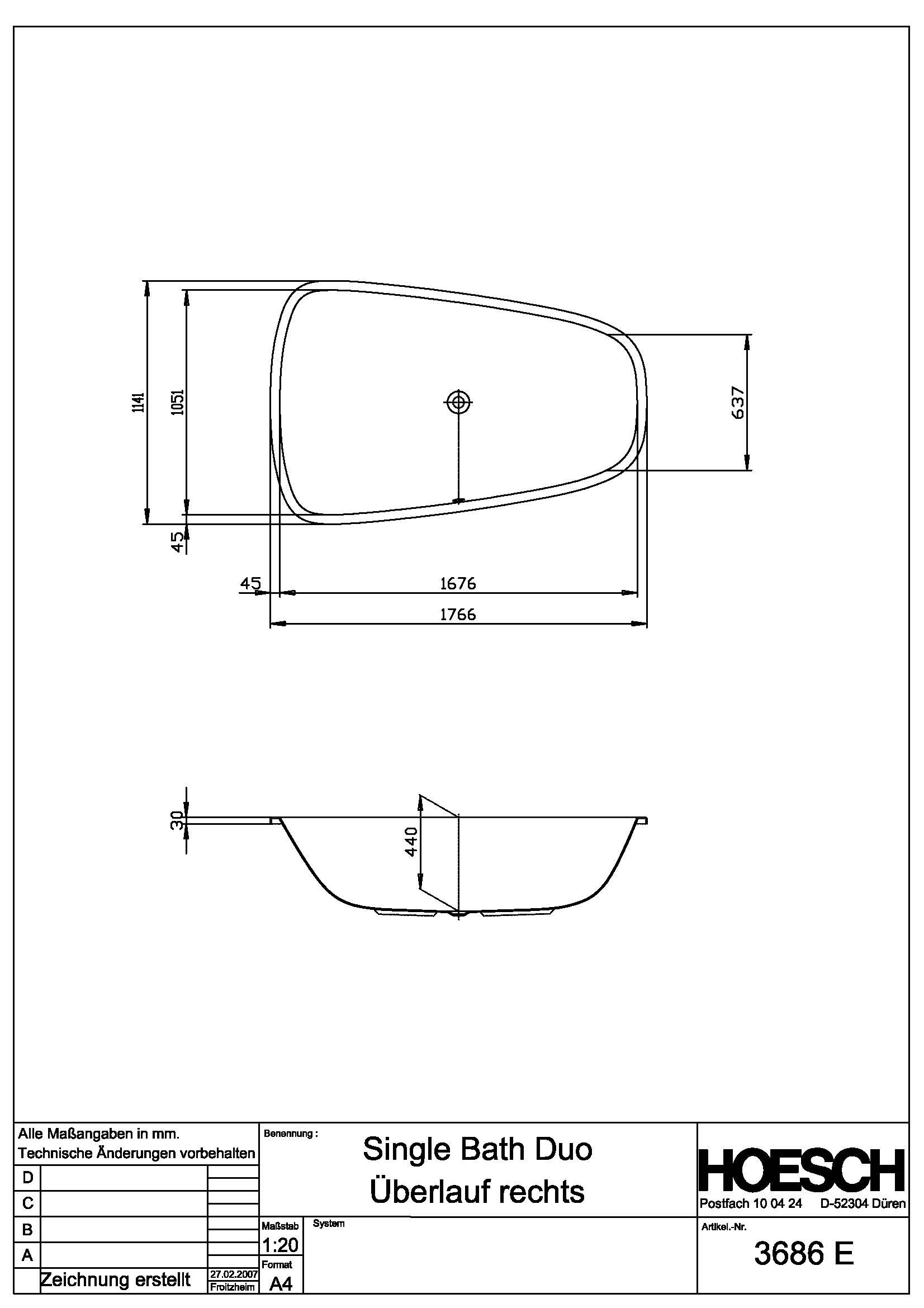 Hoesch Badewanne „Singlebath“ Duo trapez 176,6 × 114,1 cm, rechts in 