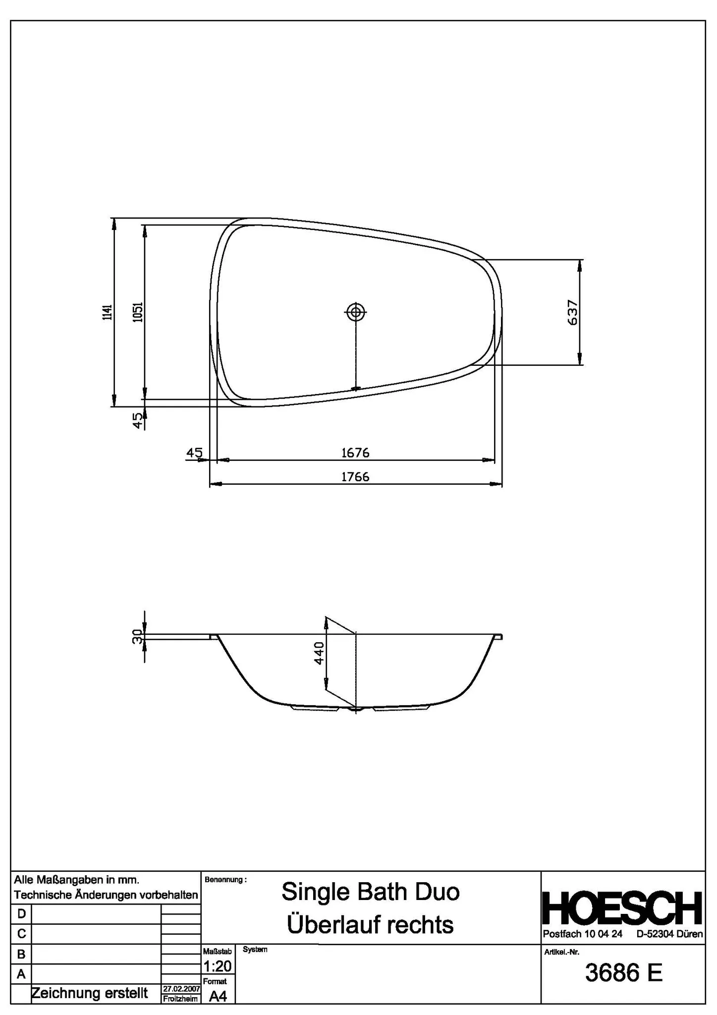 Hoesch Badewanne „Singlebath“ Duo trapez 176,6 × 114,1 cm, rechts in Weiß