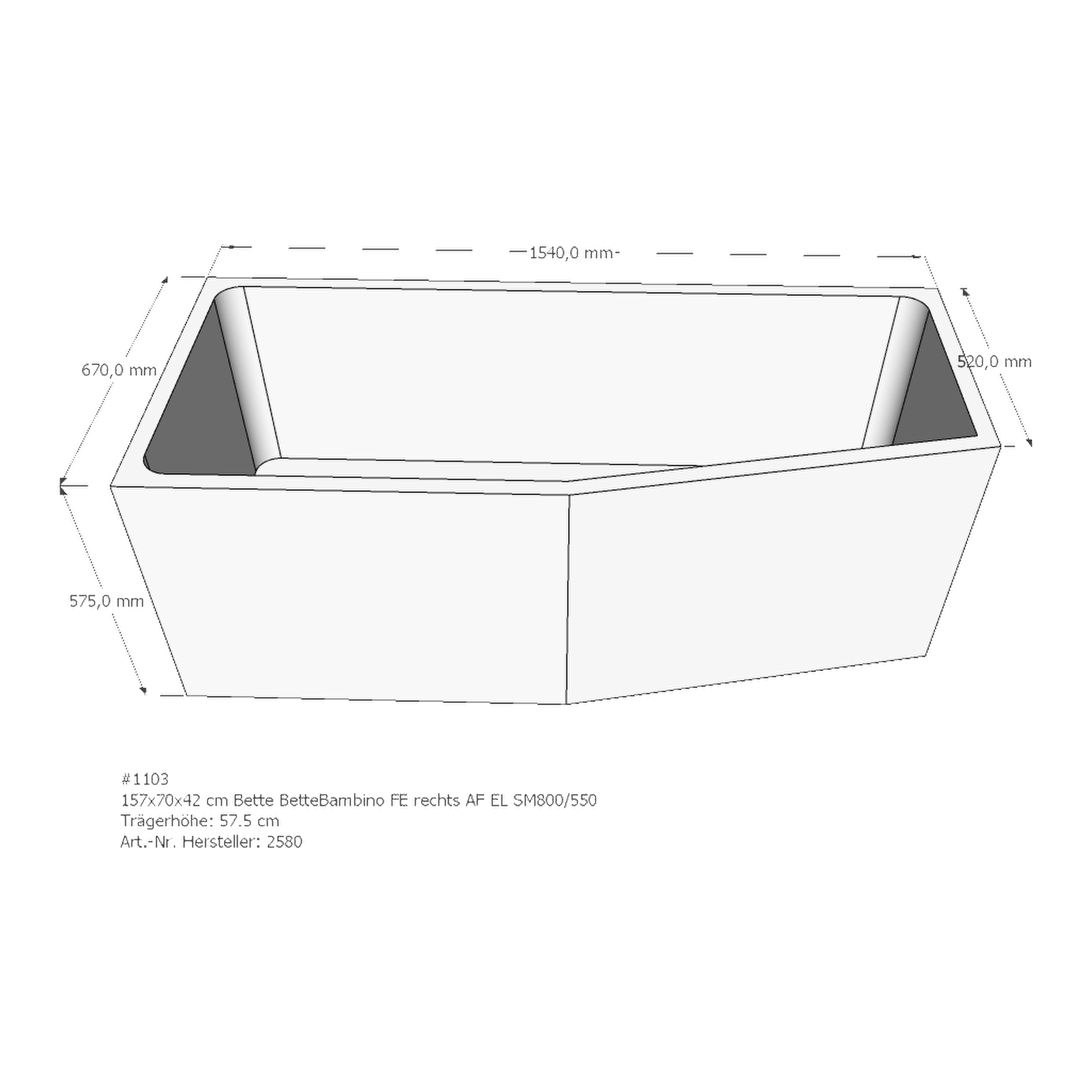 Badewannenträger für Bette BetteBambino rechts 157 × 70 × 42 cm