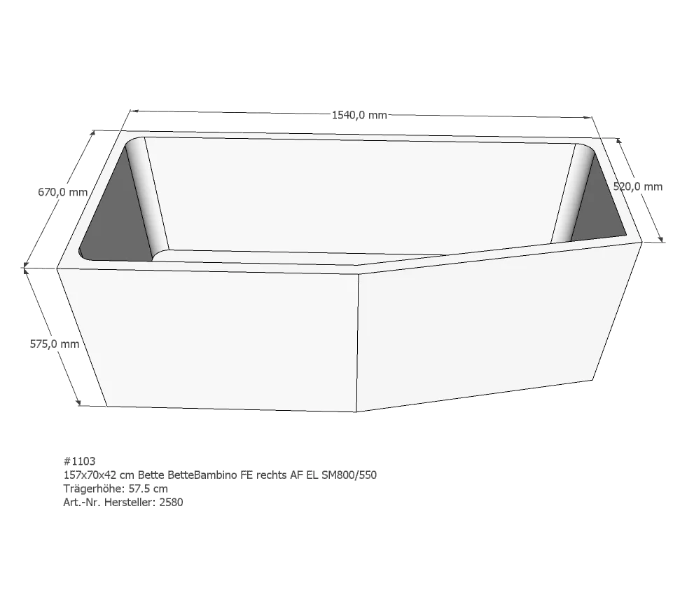 Badewannenträger für Bette Bambino rechts rechts 157 × 70 × 42 cm Ausführung: rechts / Breite: 70 cm