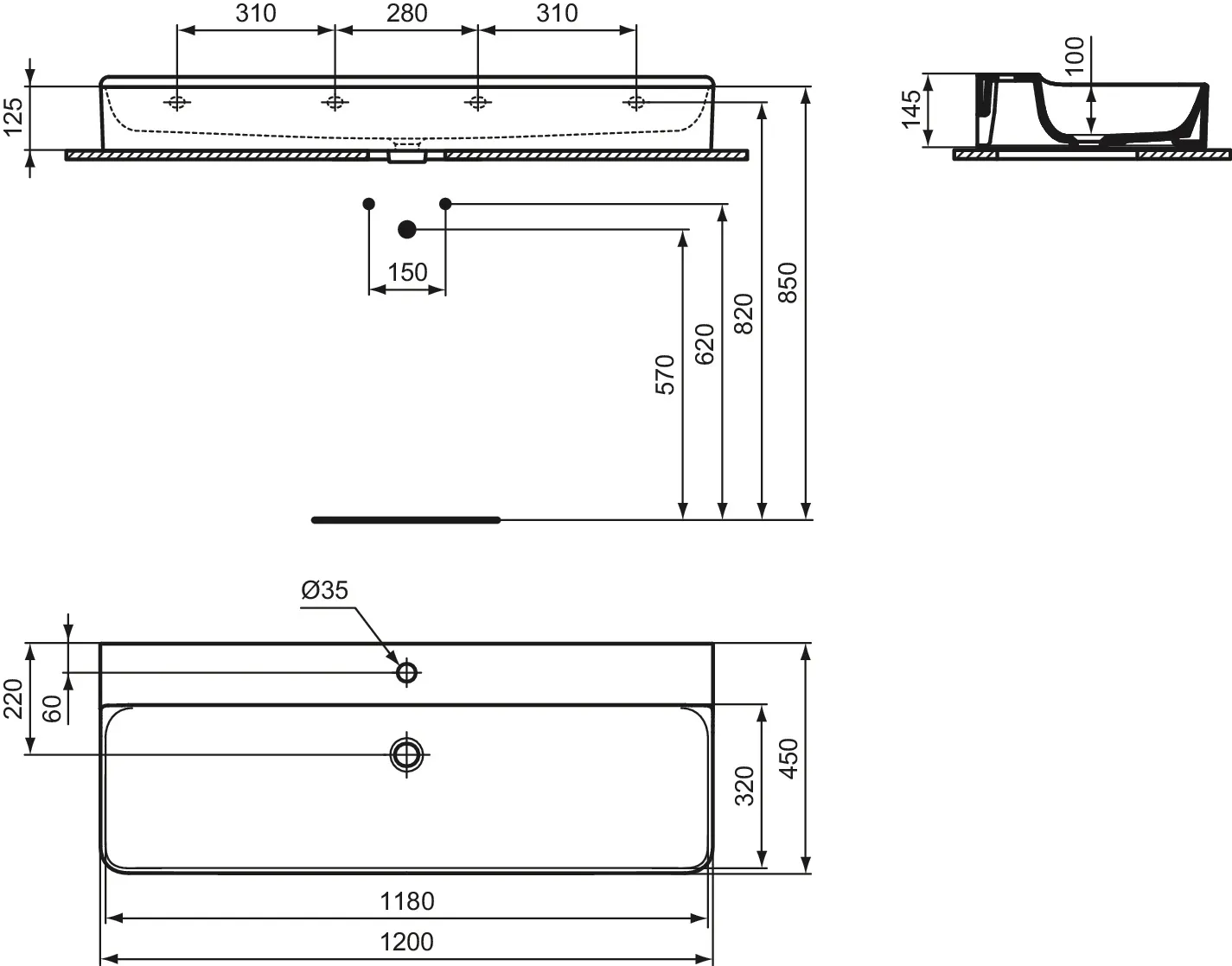 Waschbecken „Conca“ 120 × 45 × 14,5 cm, Hahnlochposition mittig in Weiß Waschbecken „Conca“ 120 × 45 × 14,5 cm, Hahnlochposition mittig in Weiß