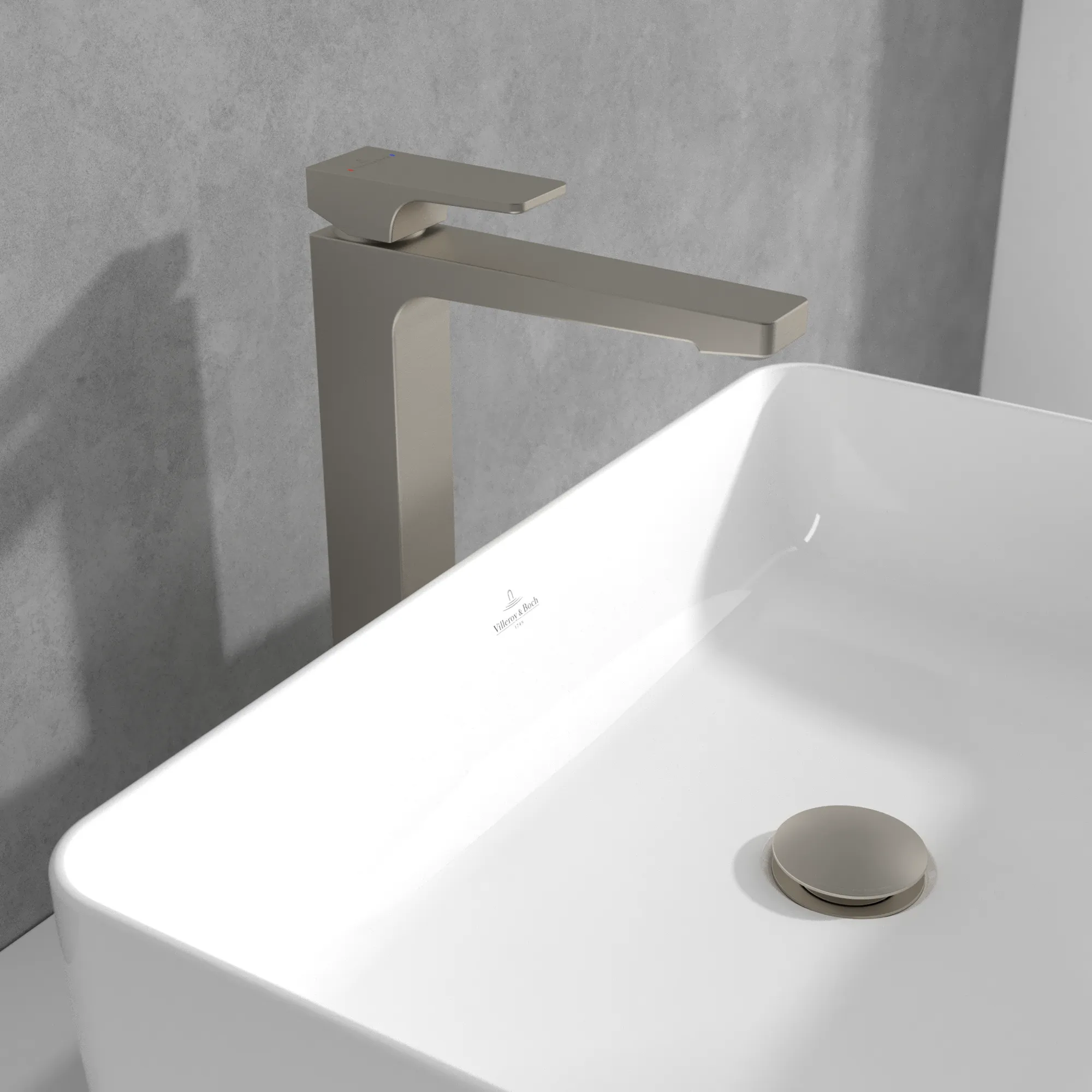 Villeroy & Boch Architectura Square Einhebel-Waschtischarmatur erhöhter Montage, Brushed Nickel Matt, 306 mm Höhe, 50 x 211 mm Maße Villeroy & Boch Architectura Square Einhebel-Waschtischarmatur erhöhter Montage, Brushed Nickel Matt, 306 mm Höhe, 50 x 211 mm Maße
