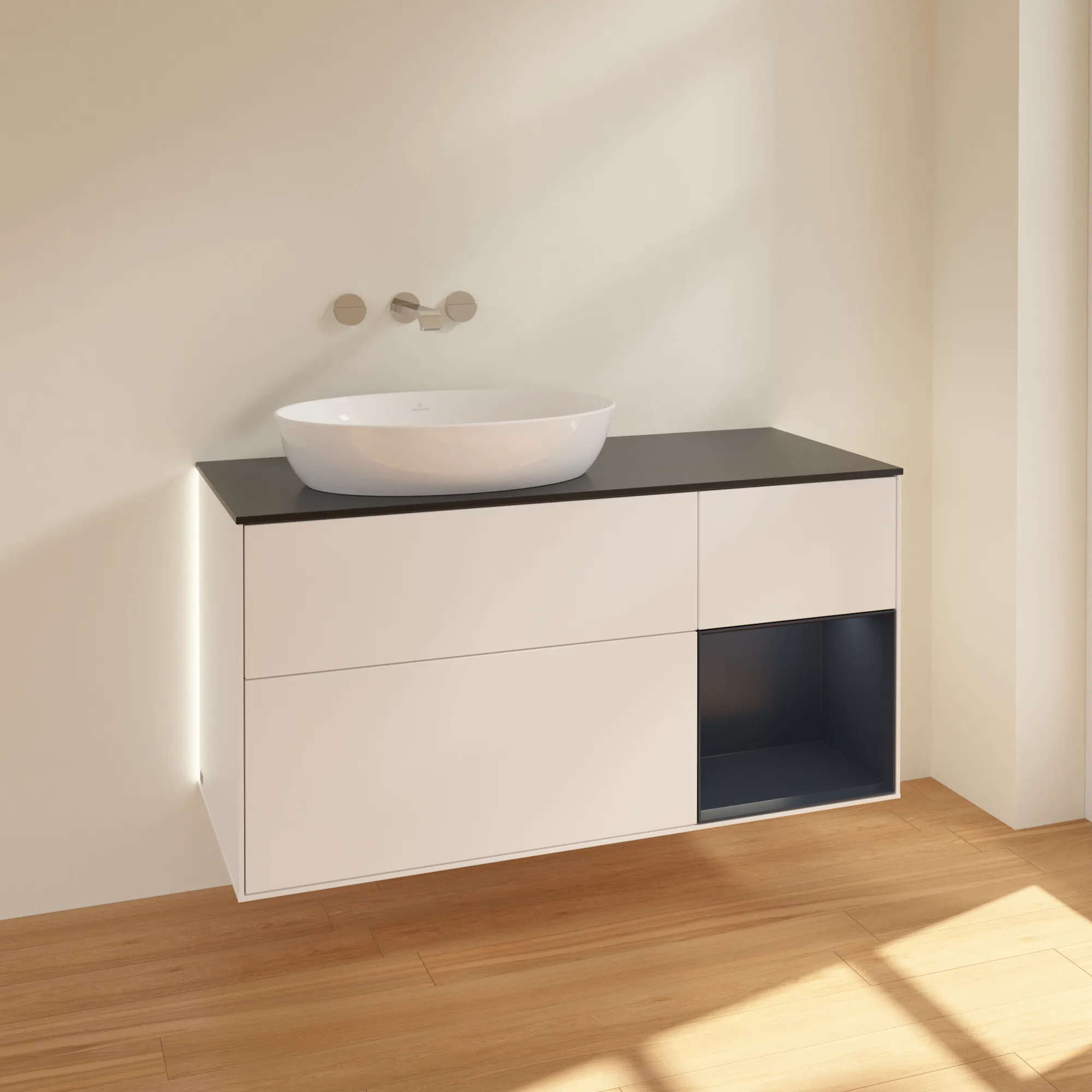 Villeroy & Boch Waschtischunterschrank „Finion“ für Schrankwaschtisch 1200 × 603 × 501 mm White Matt Lacquer, für Becken links, ohne Hahnlochbohrung