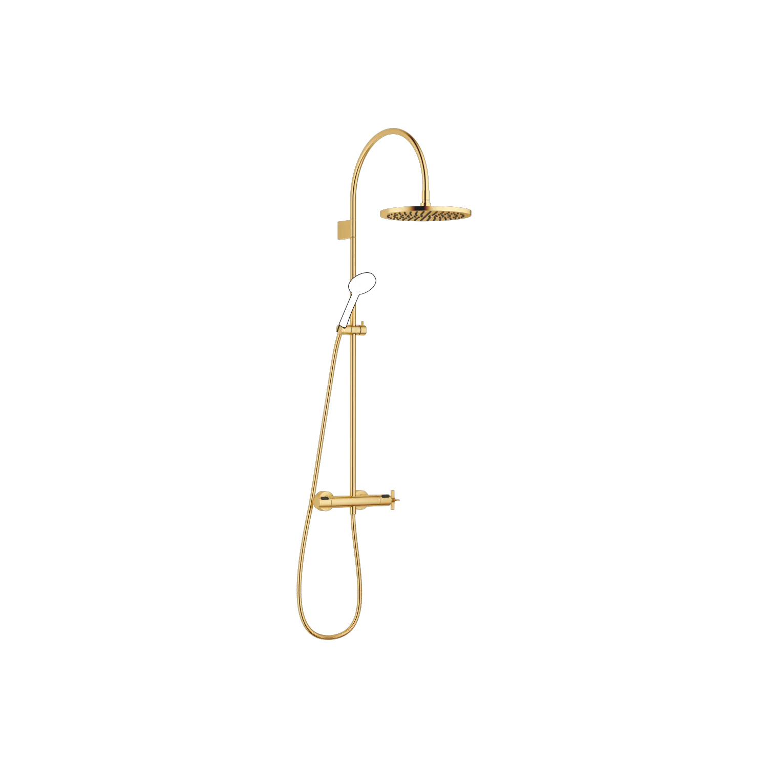 Dornbracht VAIA Showerpipe mit Brause-Thermostat, Messing gebürstet 23kt Gold, 300 mm Regenbrause, Höhe bis Oberkante Bogen 1.267 mm