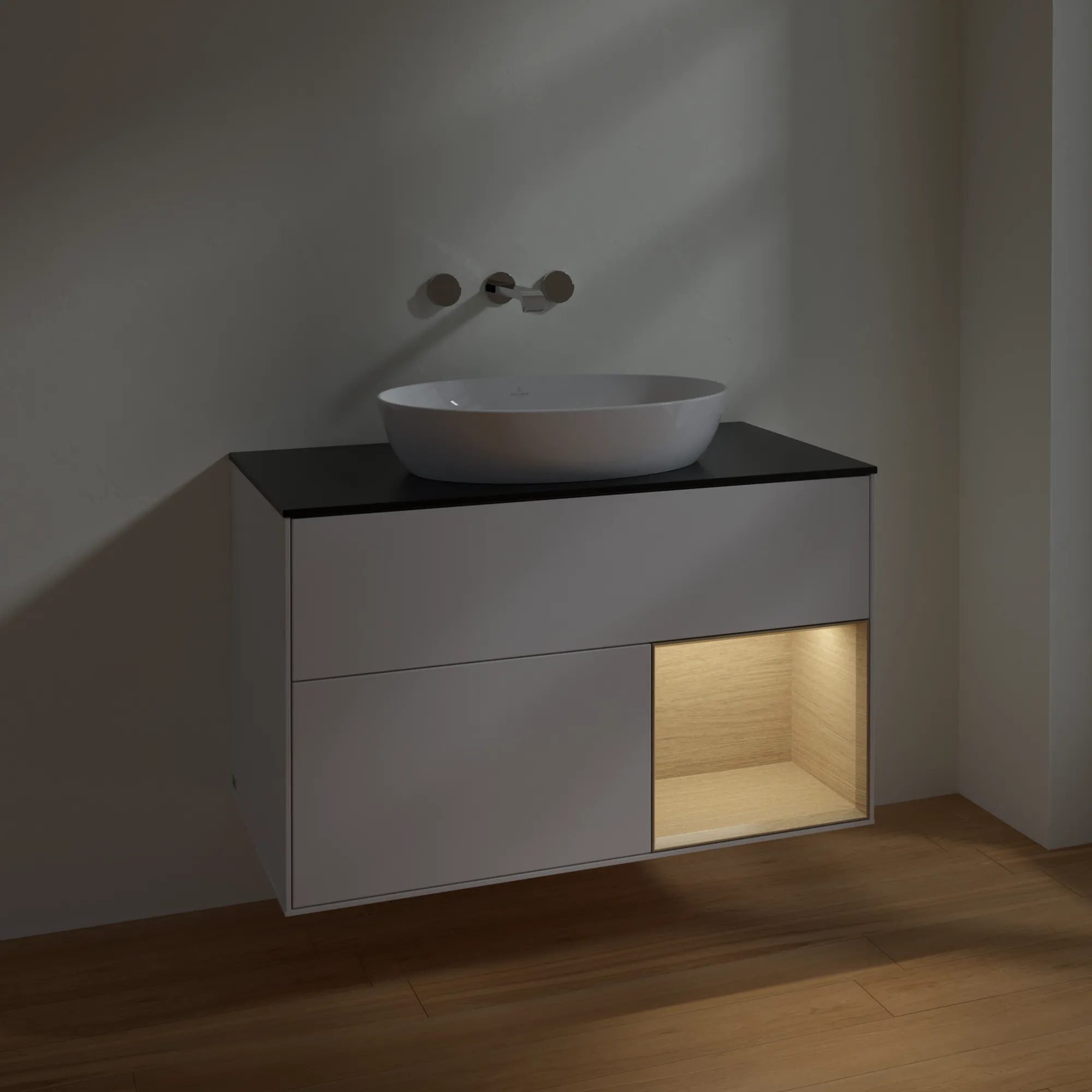 Villeroy & Boch Finion FA2 Waschbeckenunterschrank, 1000 x 603 x 501 mm, Glossy White Lacquer / Oak Veneer / Glass Black Matt