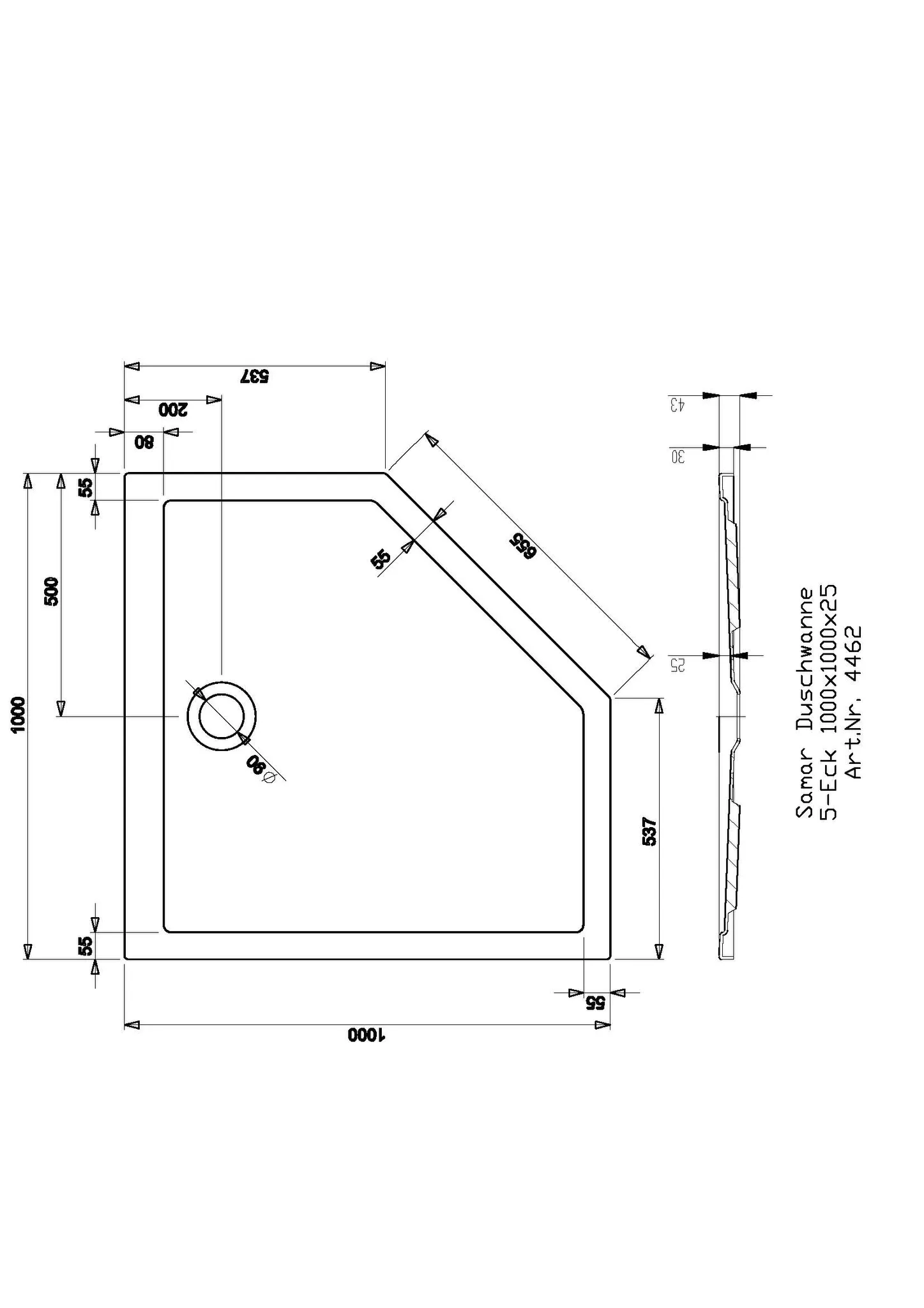 Hoesch fünfeck Duschwanne „Samar“ 1000 × 1000 mm