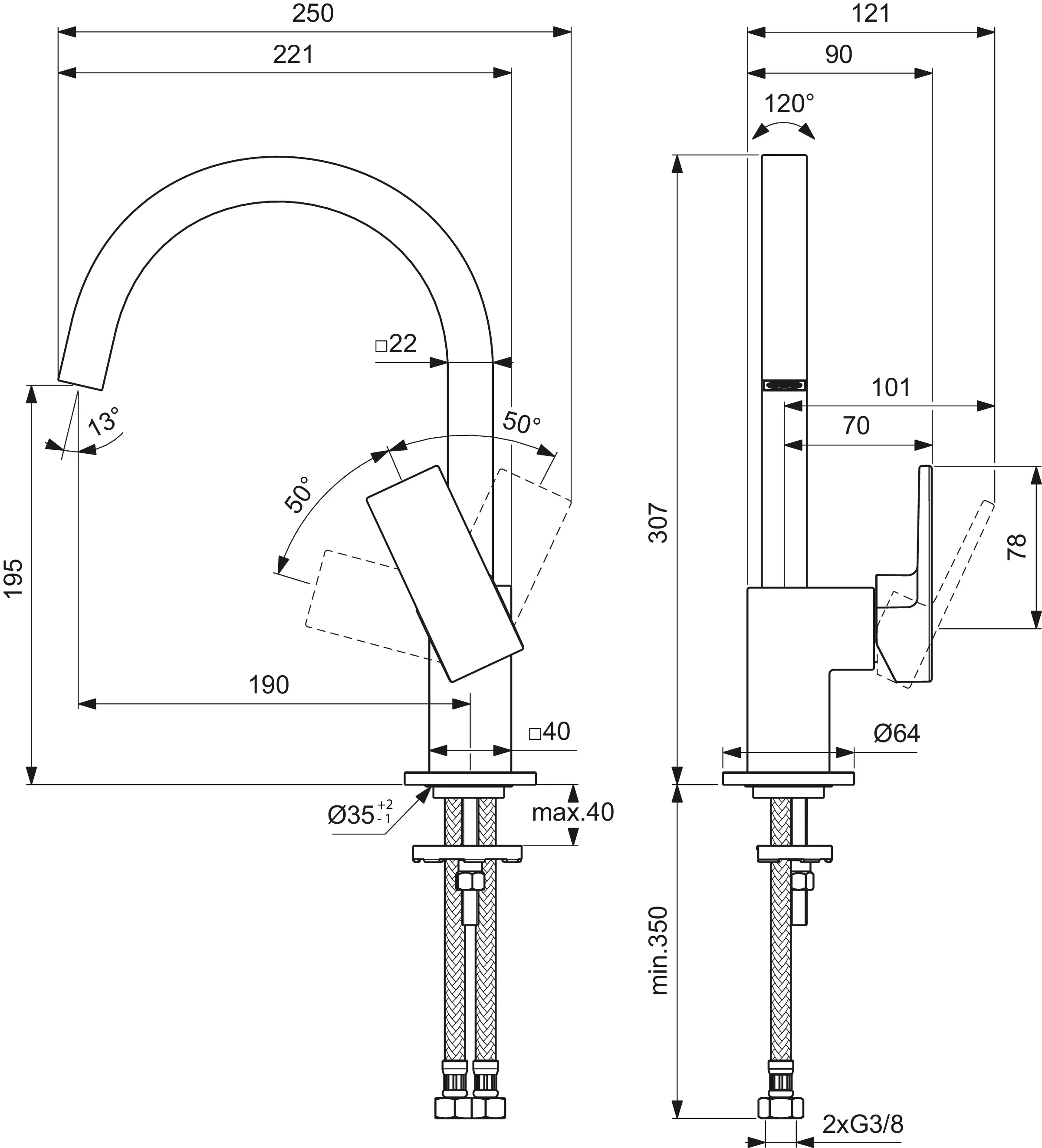 Einhand-Waschtischarmatur „Extra“ Ausladung 190 mm in Chrom