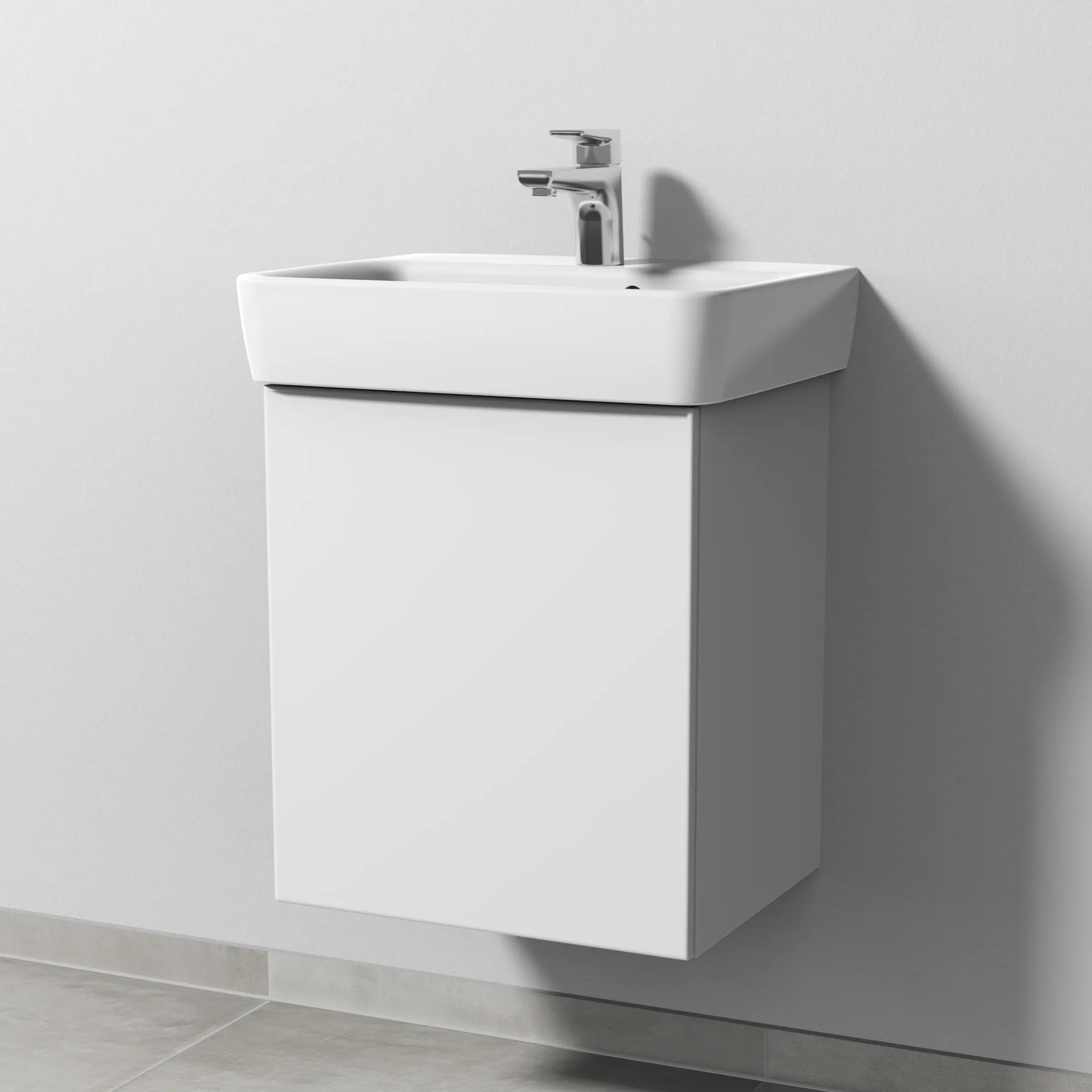 Sanipa Waschtischunterschrank „3way“ passend zu Keramik-Waschtische Renova Plan von Geberit 440 × 520 × 352 mm in Weiß-Soft, Anschlag links