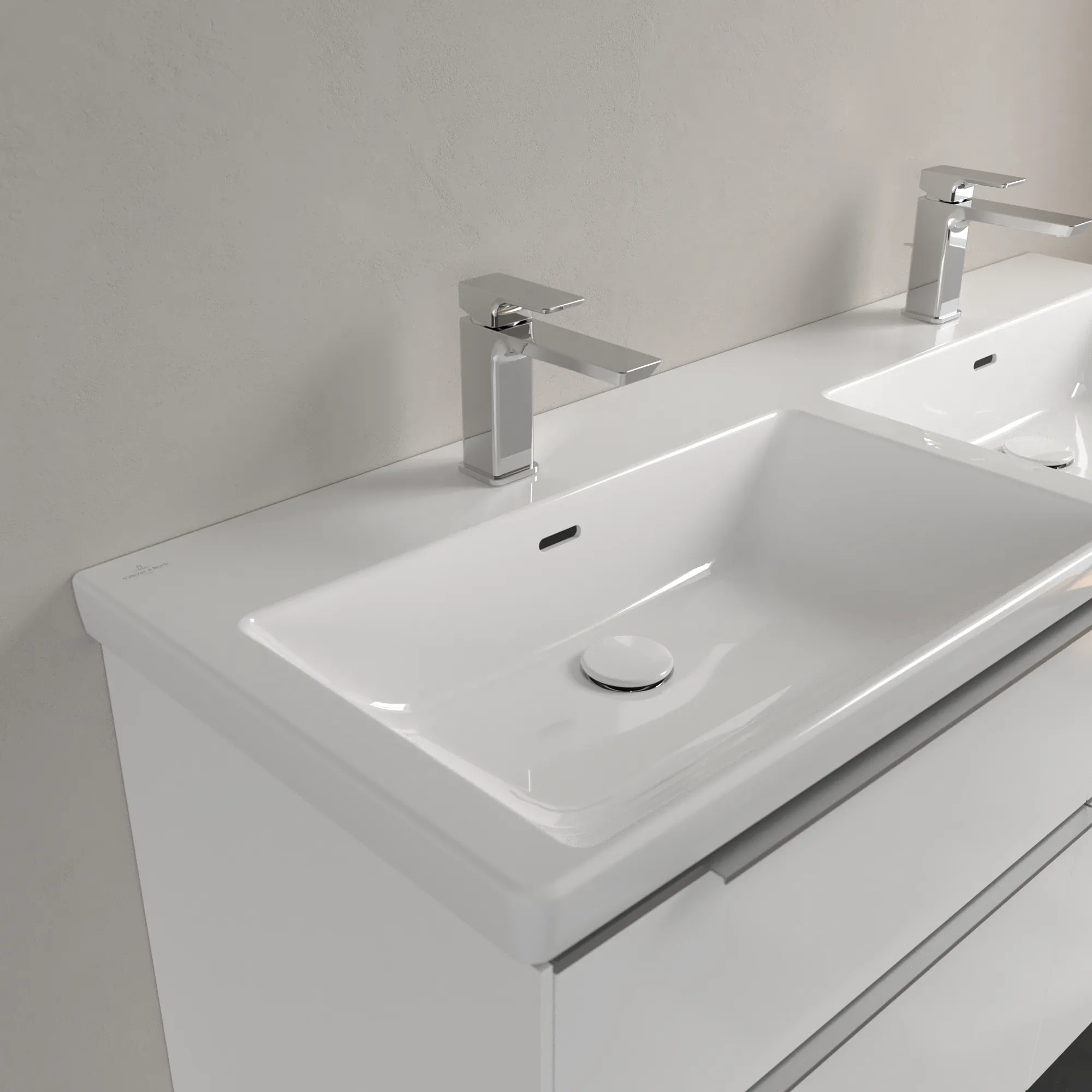 Villeroy & Boch Doppelwaschtisch aus TitanCeram „Subway 3.0“ 1300 × 475 × 165 mm, mit Hahnlochbohrung, Hahnlochposition links und rechts in Weiß Alpin Villeroy & Boch Doppelwaschtisch aus TitanCeram „Subway 3.0“ 1300 × 475 × 165 mm, mit Hahnlochbohrung, Hahnlochposition links und rechts in Weiß Alpin