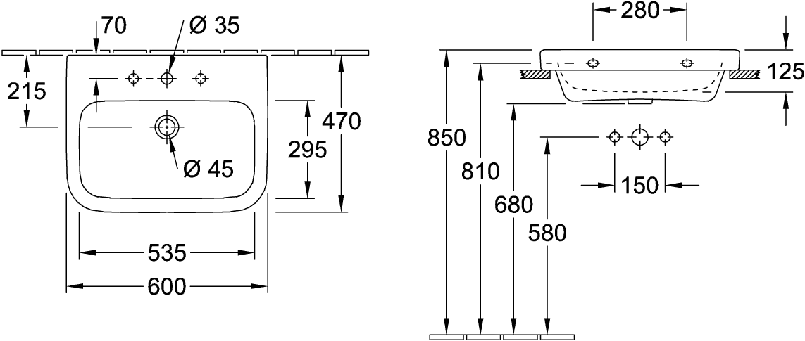 Villeroy & Boch Waschbecken geschliffen „Architectura“ 600 × 470 × 180 mm, ohne Hahnlochbohrung, mit Hahnlochbank, Hahnlochposition mittig
