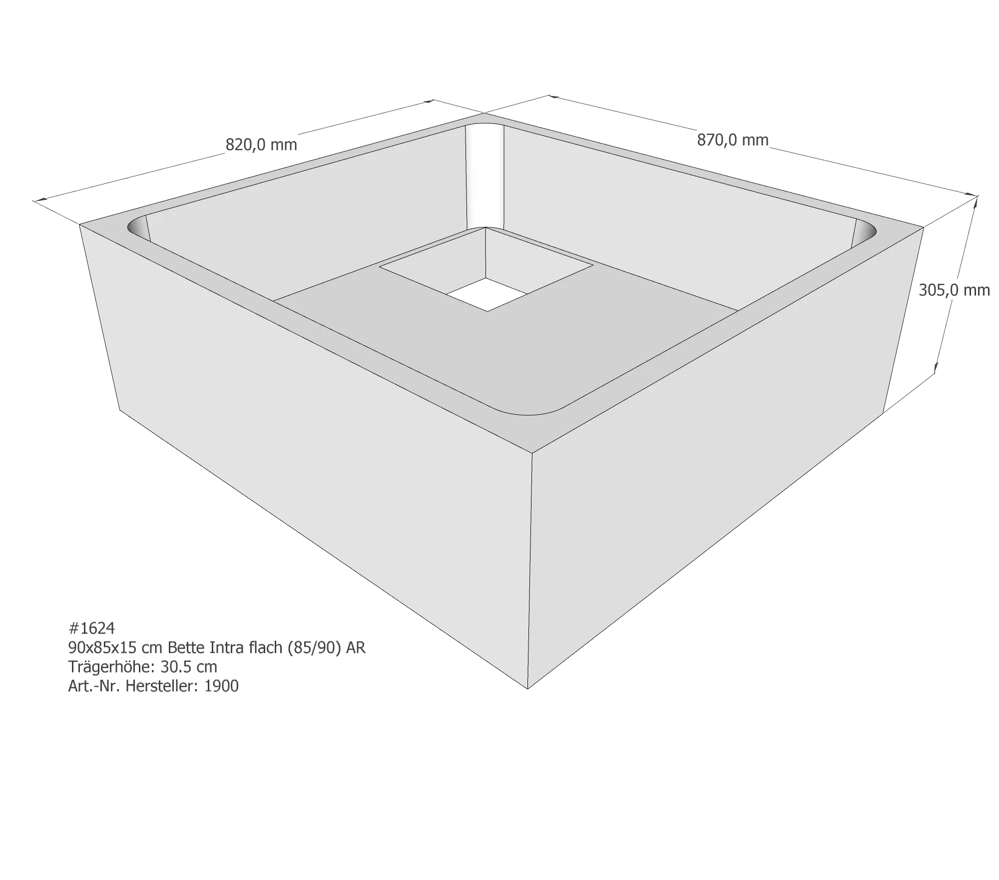 Duschwannenträger für Bette Quinta (flach/Intra) 90 × 85 × 15 cm Breite: 85 cm / Länge: 90 cm