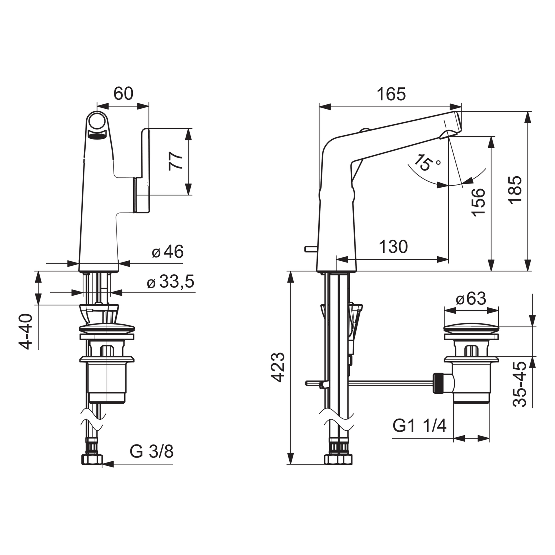 HA Einhebelmischer Waschtischbatterie HANSADESIGNO Style 5189 Zugstangenablaufgarnitur Ausladung 130 mm DN15 Chrom