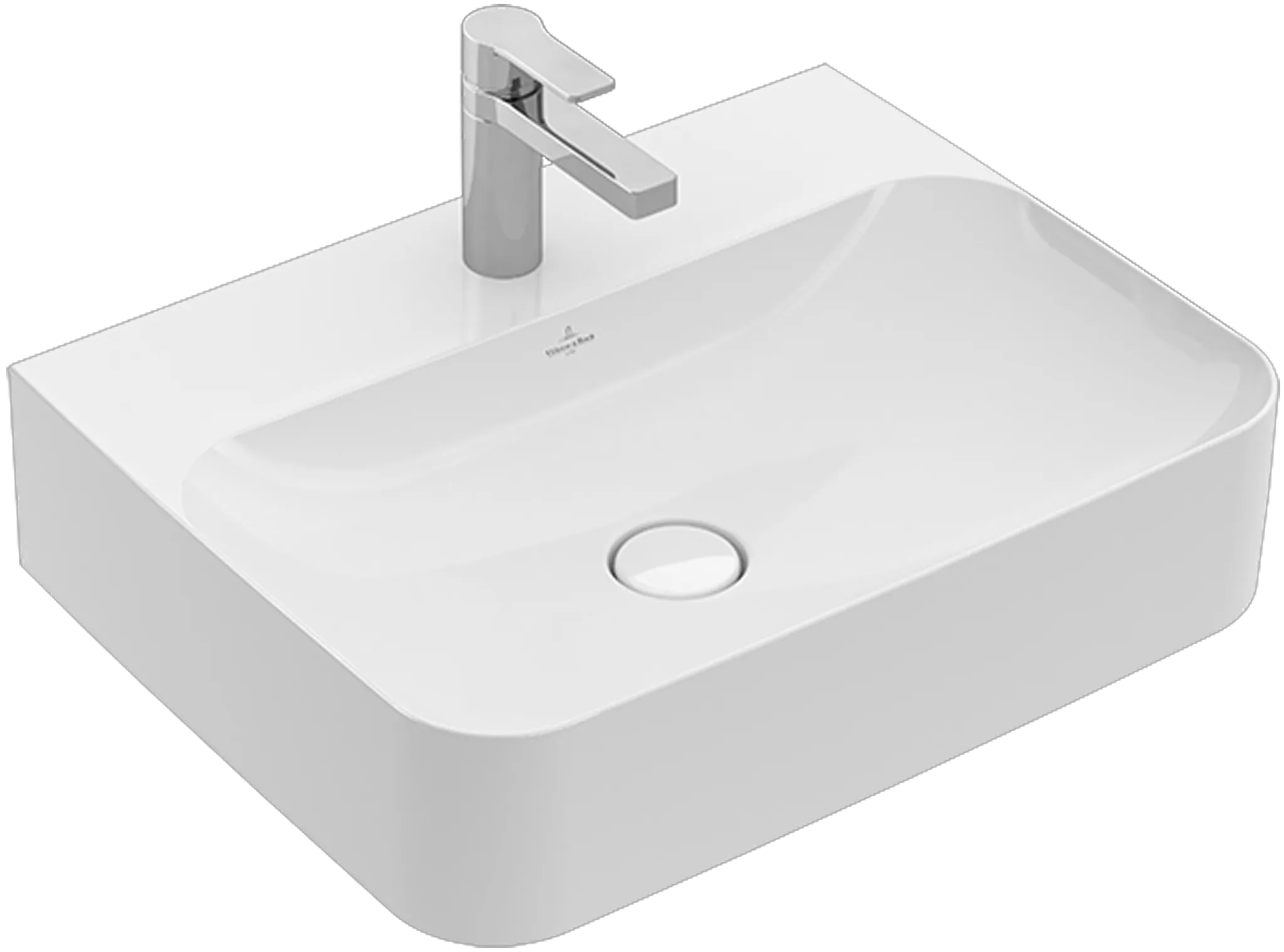 Villeroy & Boch Wandwaschtisch aus TitanCeram geschliffen „Finion“ 600 × 470 × 164 mm, mit Hahnlochbohrung, Hahnlochposition mittig in Pure Black, mit CeramicPlus