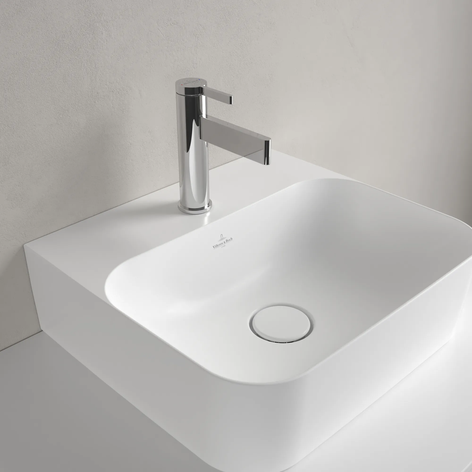 Villeroy & Boch Handwaschbecken aus TitanCeram geschliffen „Finion“ 430 × 390 × 140 mm, mit Hahnlochbohrung, Hahnlochposition mittig in Stone White, mit CeramicPlus Villeroy & Boch Handwaschbecken aus TitanCeram geschliffen „Finion“ 430 × 390 × 140 mm, mit Hahnlochbohrung, Hahnlochposition mittig in Stone White, mit CeramicPlus