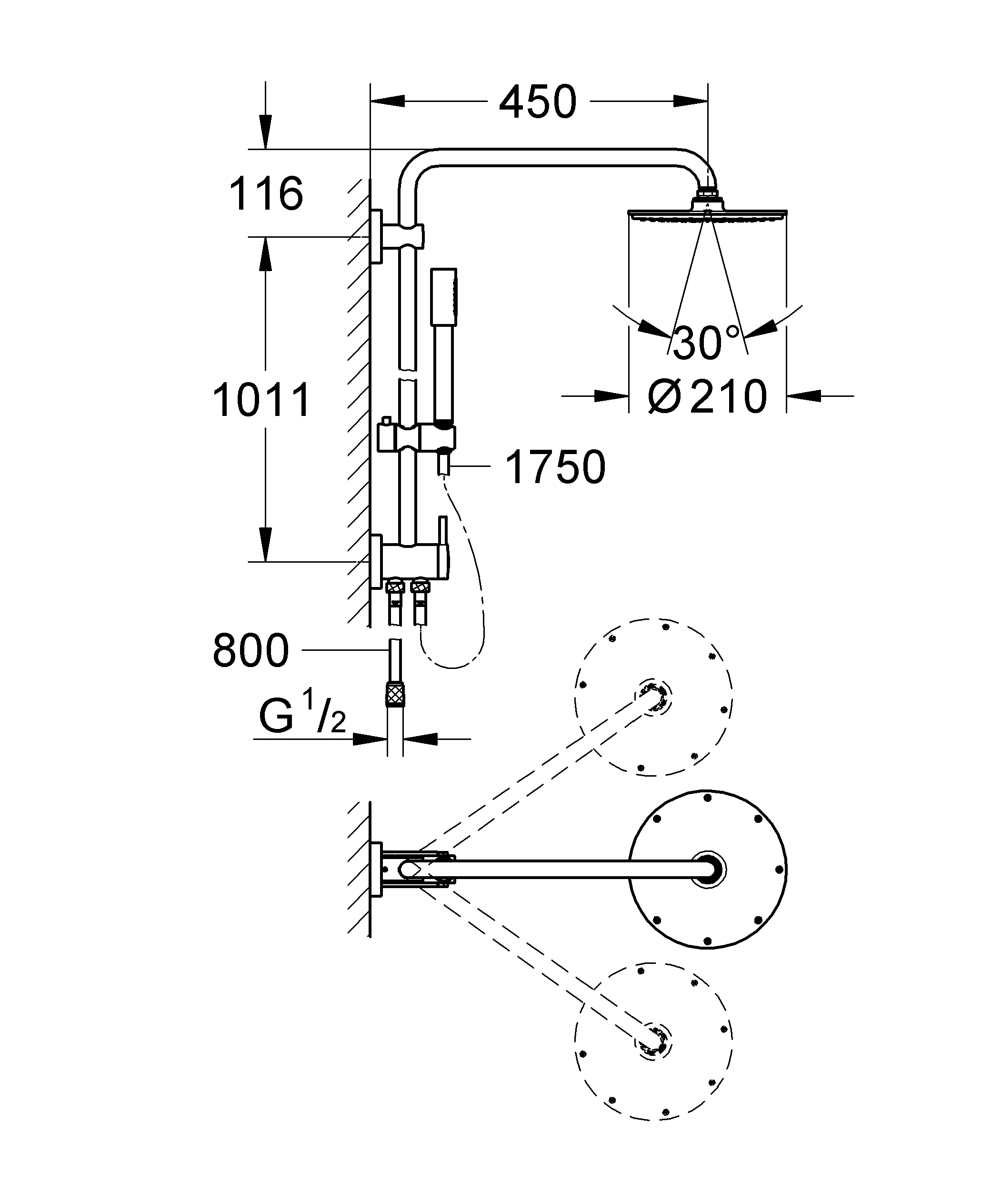 Duschsystem Rainshower System 210 27058, mit Umstellung, Wandmontage, 450 mm Duscharm, chrom