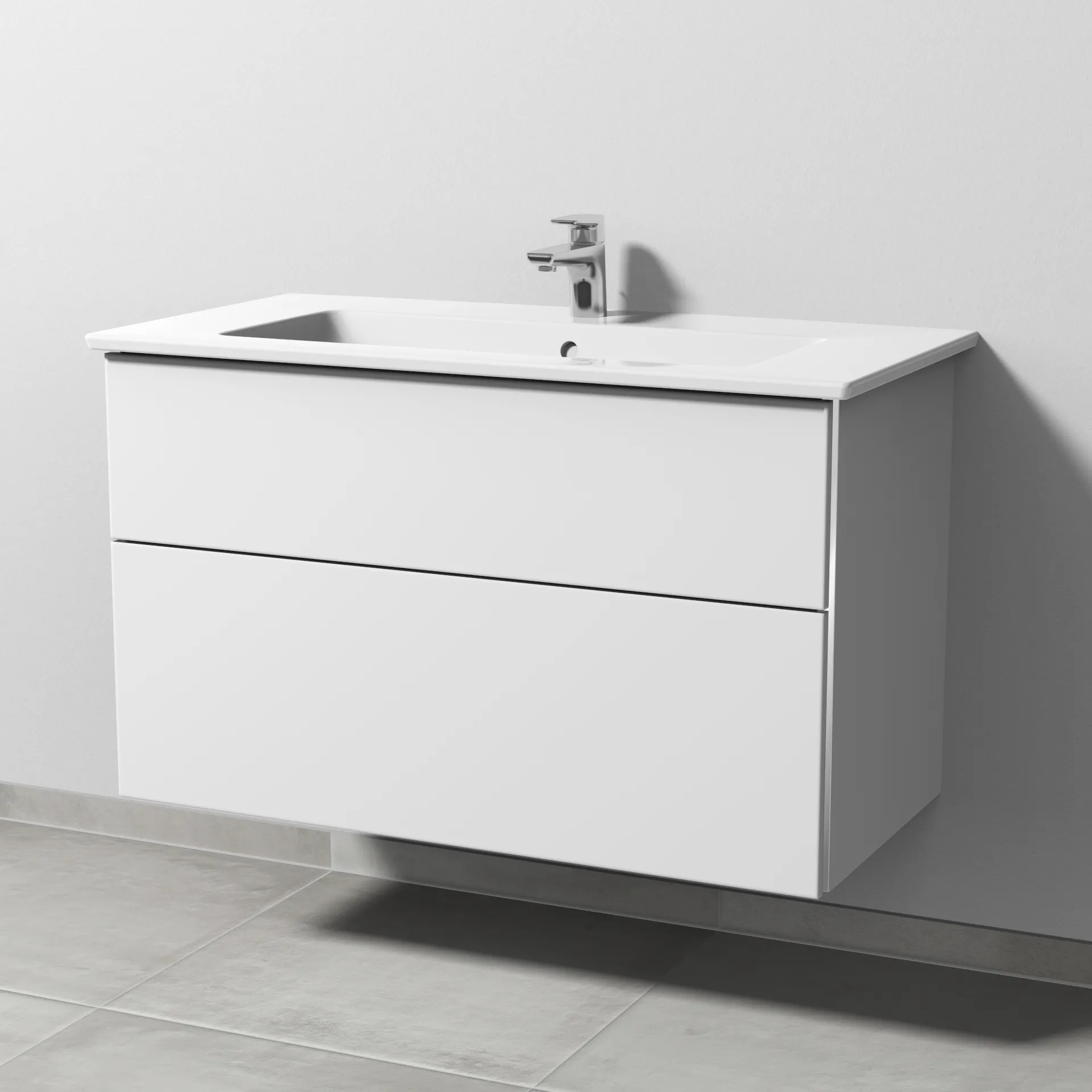 Sanipa Keramik-Waschtisch-Waschtischunterschrank mit Waschtischunterschrank „3way“ 955 × 591 × 477 mm in Weiß-Soft, mit Hahnlochbohrung, Becken mittig