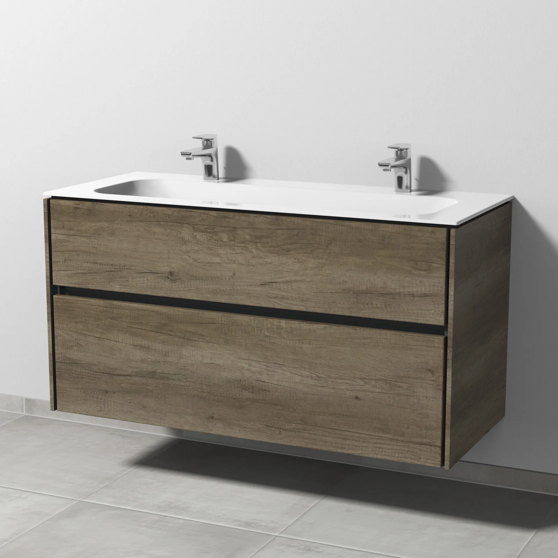 Keramik-Waschtisch-Set mit Waschtischunterschrank „Twiga“ 119 × 50 × 61 cm in Eiche Nebraska, ohne Beleuchtung, mit Hahnlochbohrung Keramik-Waschtisch-Set mit Waschtischunterschrank „Twiga“ 119 × 50 × 61 cm in Eiche Nebraska, ohne Beleuchtung, mit Hahnlochbohrung