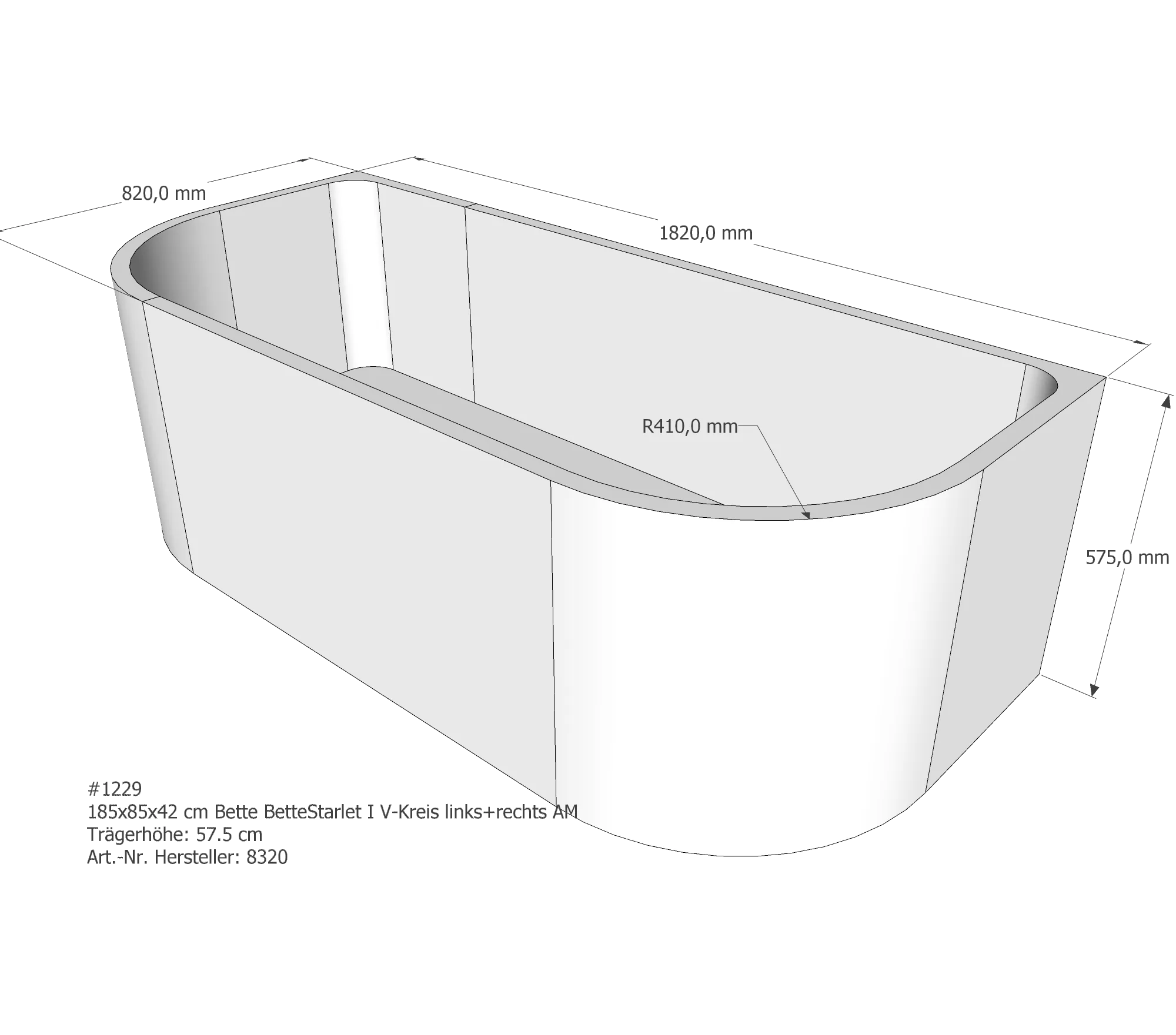 Badewannenträger für Bette Starlet I links 185 × 85 × 42 cm Ausführung: rechts / Breite: 85 cm / Länge: 185 cm