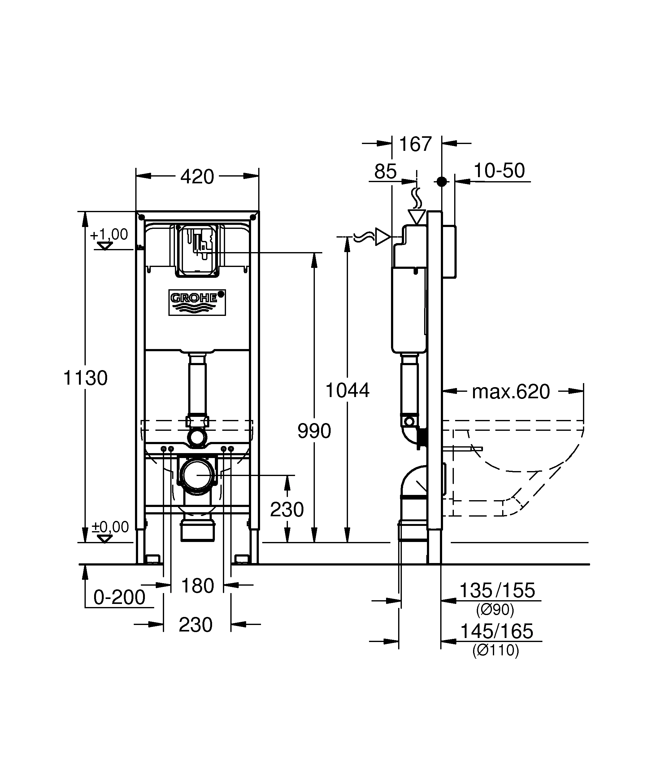 Wand-WC-Element Rapid SL 38713_1, mit Spülkasten 6l, 1,13 m Bauhöhe, 0,42 m breit, für Vorwand- oder Ständerwandmontage