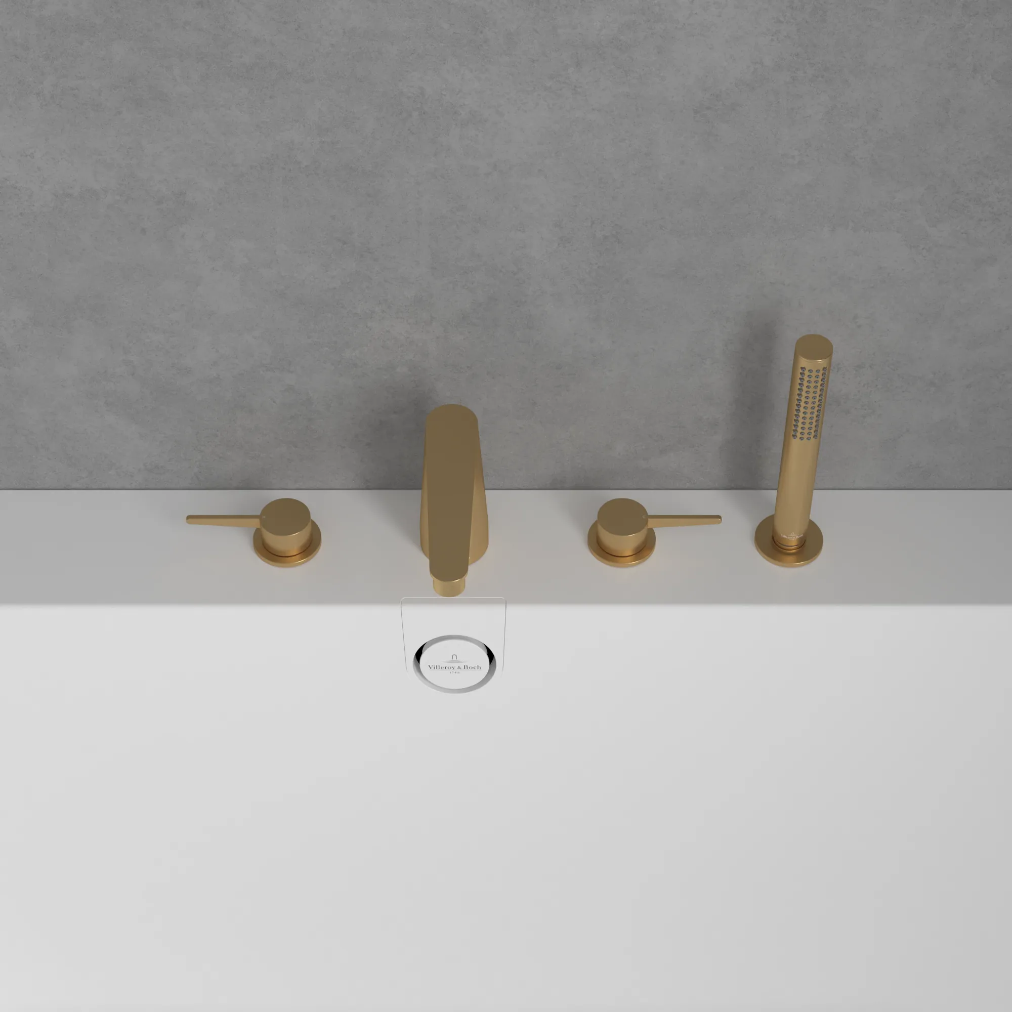 Villeroy & Boch Conum Vierloch-Badewannenrandarmatur, Brushed Gold, 455x165x124 mm, Höhe 124 mm, inkl. Schlauch und Handbrause Villeroy & Boch Conum Vierloch-Badewannenrandarmatur, Brushed Gold, 455x165x124 mm, Höhe 124 mm, inkl. Schlauch und Handbrause