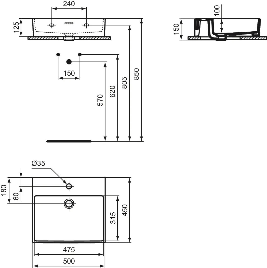 Ideal Standard Waschtisch Extra, 1 Hahnloch, Seidenweiß, 500x450x150 mm