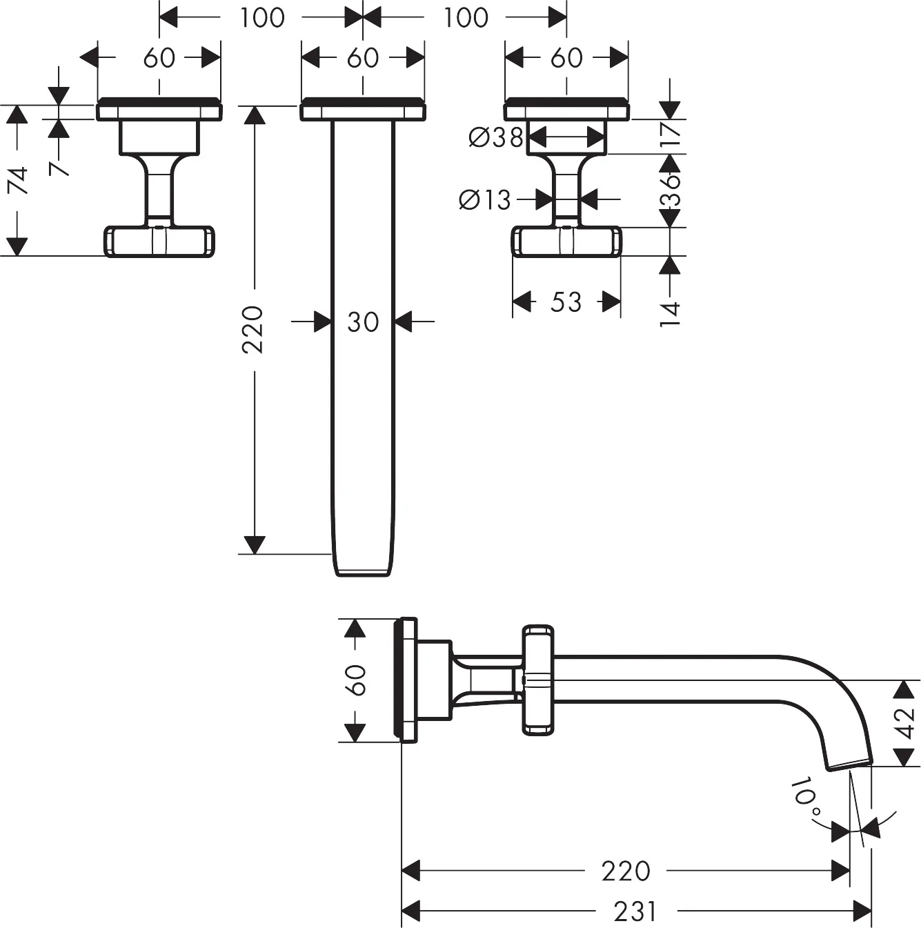 Hansgrohe AXOR Citterio E 3-Loch Waschtischarmatur chrom, Ausladung 220 mm, Kreuzgriff, Laminarstrahl, max. Durchfluss 5 l/min Hansgrohe AXOR Citterio E 3-Loch Waschtischarmatur chrom, Ausladung 220 mm, Kreuzgriff, Laminarstrahl, max. Durchfluss 5 l/min
