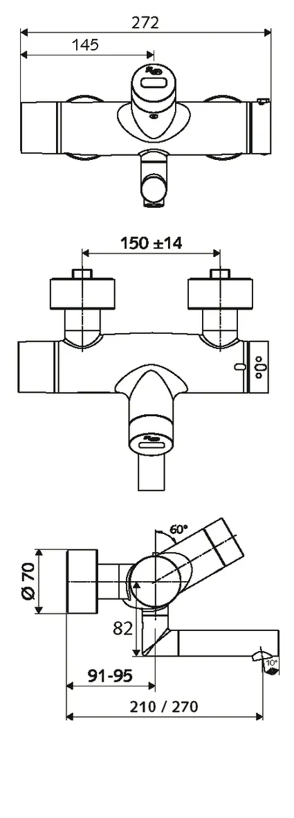Aufputz-Waschtisch-Armatur VITUS VW-E-T, Mischwasser, Thermostat, Infrarot, 2 RFV, Batteriefach, 2x DN 15 G 1/2 AG, Ausladung bis Mitte Strahlregler: 210 mm, chrom