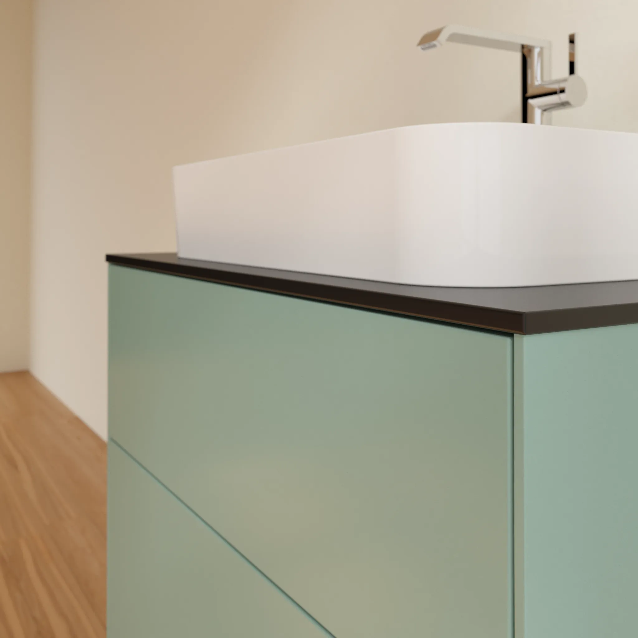 Villeroy & Boch Waschtischunterschrank „Finion“ für Schrankwaschtisch 800 × 603 × 501 mm Olive Matt Lacquer, mit Hahnlochbohrung, für Becken mittig