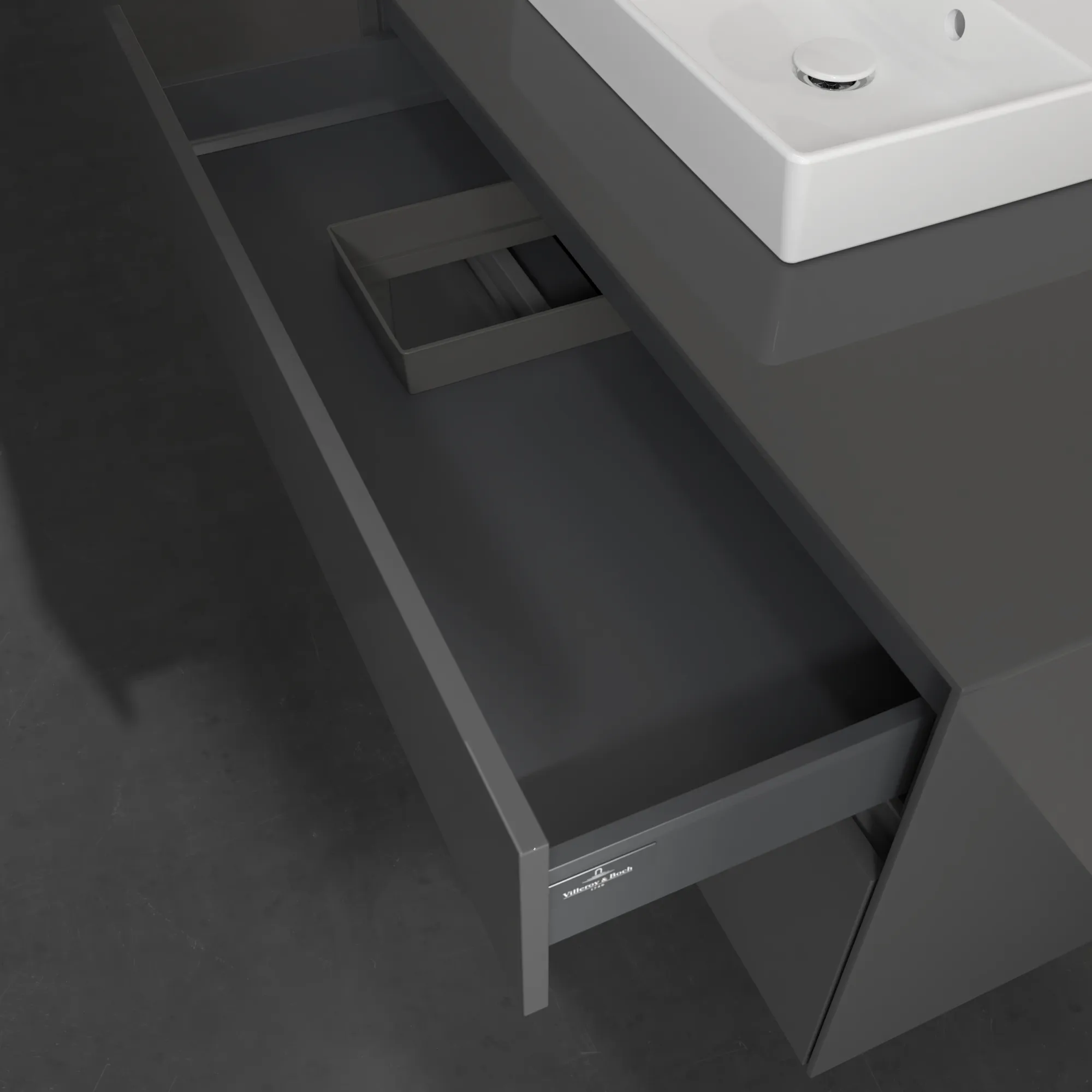 Villeroy & Boch Waschbeckenunterschrank Collaro C01400, Eckig Glossy Grey, 1.000 x 548 x 500 mm, mit SoftClosing, 2 Auszügen, 1 Waschbecken