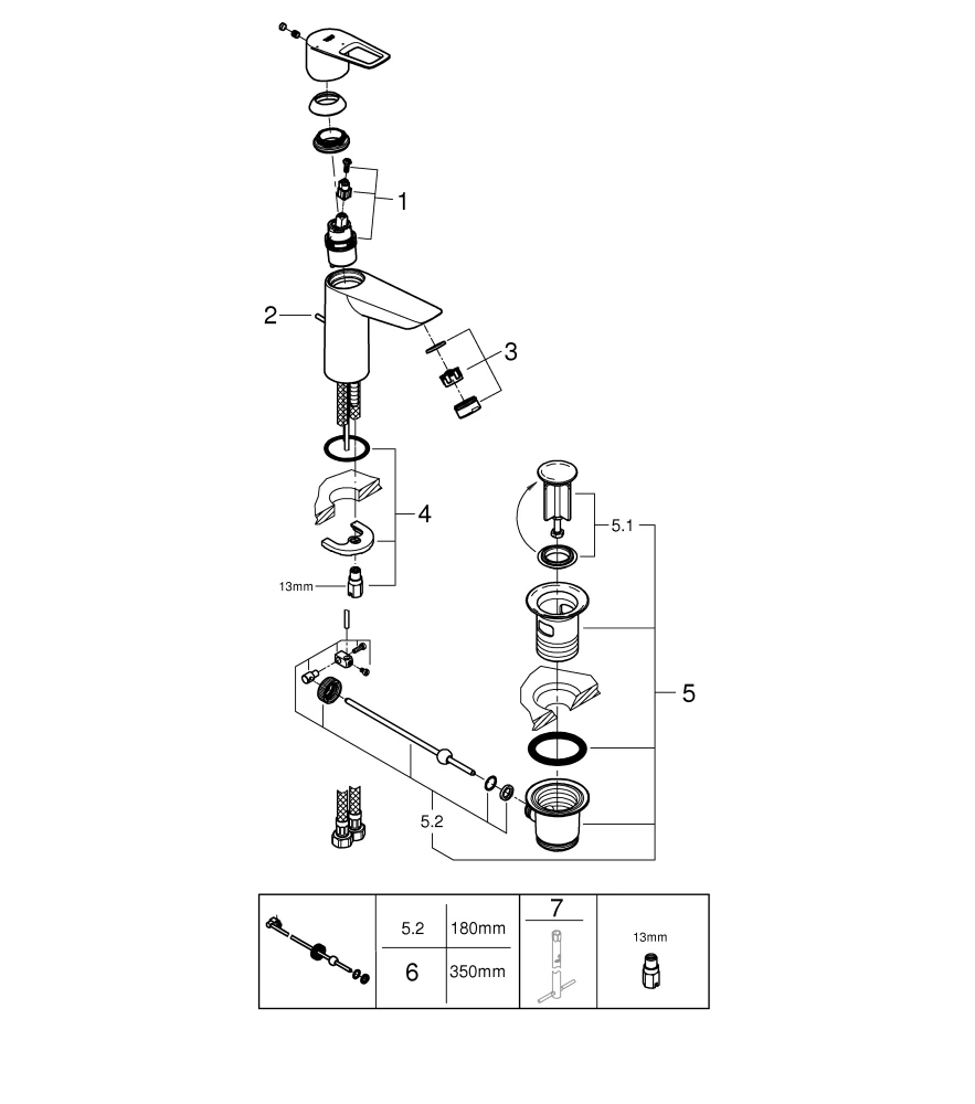 Einhand-Waschtischbatterie BauLoop 23887_1, M-Size, Energie-Sparfunktion Mittelstellung kalt, Einlochmontage, Temperaturbegrenzer, EcoJoy 5,7 l/min Mousseur, Zugstangen-Ablaufgarnitur aus Kunststoff 1 1/4″, chrom