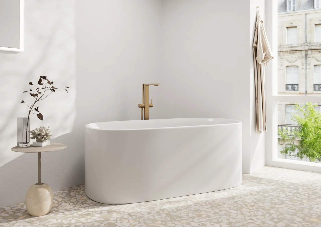 Hansgrohe Tecturis E Einhebel-Wannenmischer bodenstehend BBR Brushed Bronze, Keramikmischsystem, max. Durchfluss 23,5 l/min, Druckumsteller Select mit automatischer Rückstellung