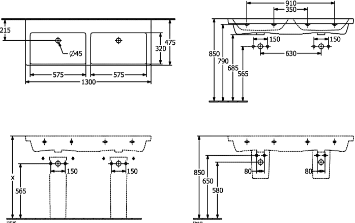 Doppelwaschtisch aus TitanCeram „Subway 3.0“ 130 × 47,5 × 16,5 × 16,5 cm, ohne Hahnlochbohrung in Stone White