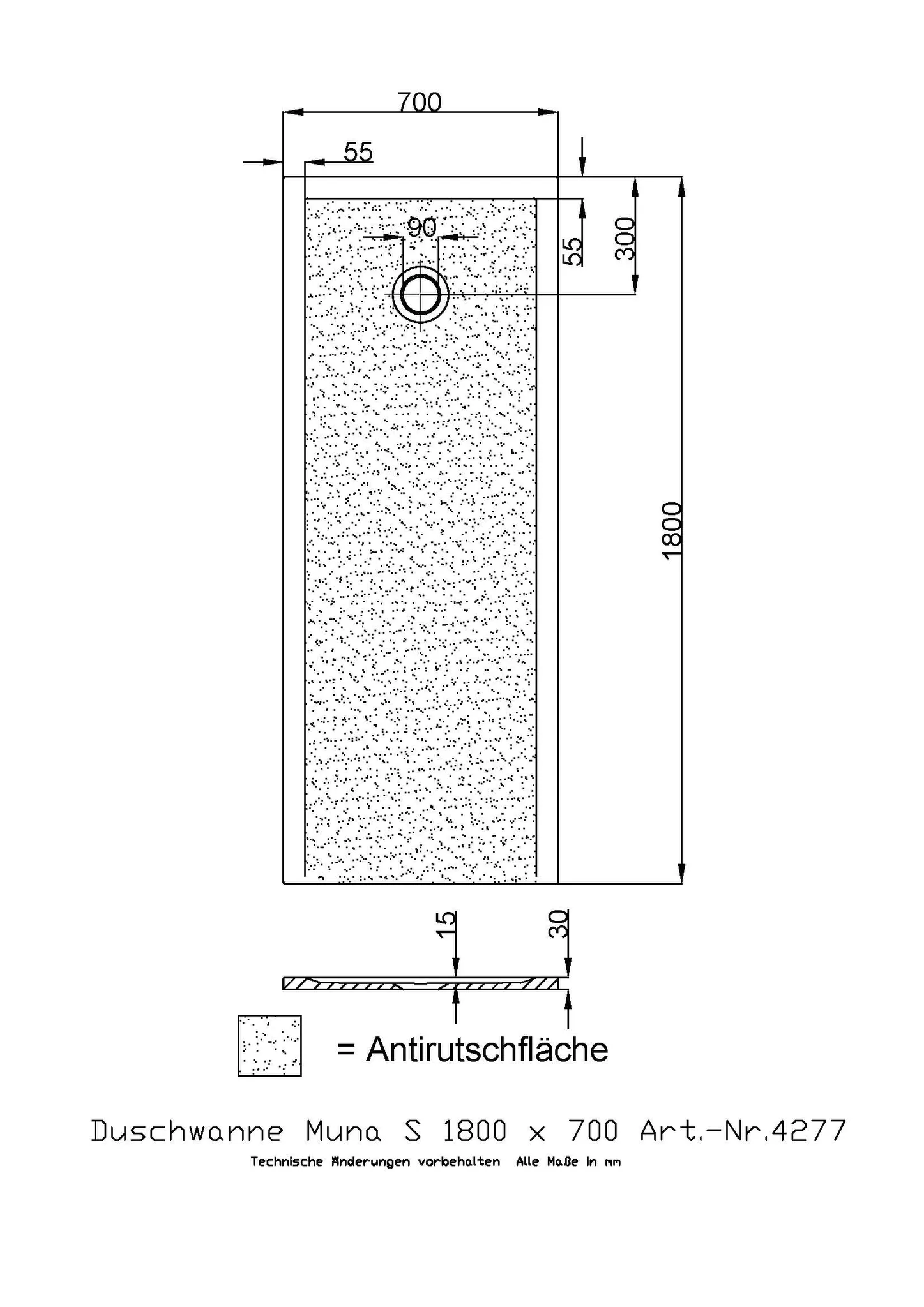 Duschwanne Muna S 1800x700x30 mit Antirutsch, Material Solique, Steingrau Duschwanne Muna S 1800x700x30 mit Antirutsch, Material Solique, Steingrau