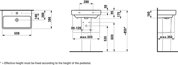Waschtisch kompakt PRO S 380x600x175 1 Hahnloch mit Überlauf weiß